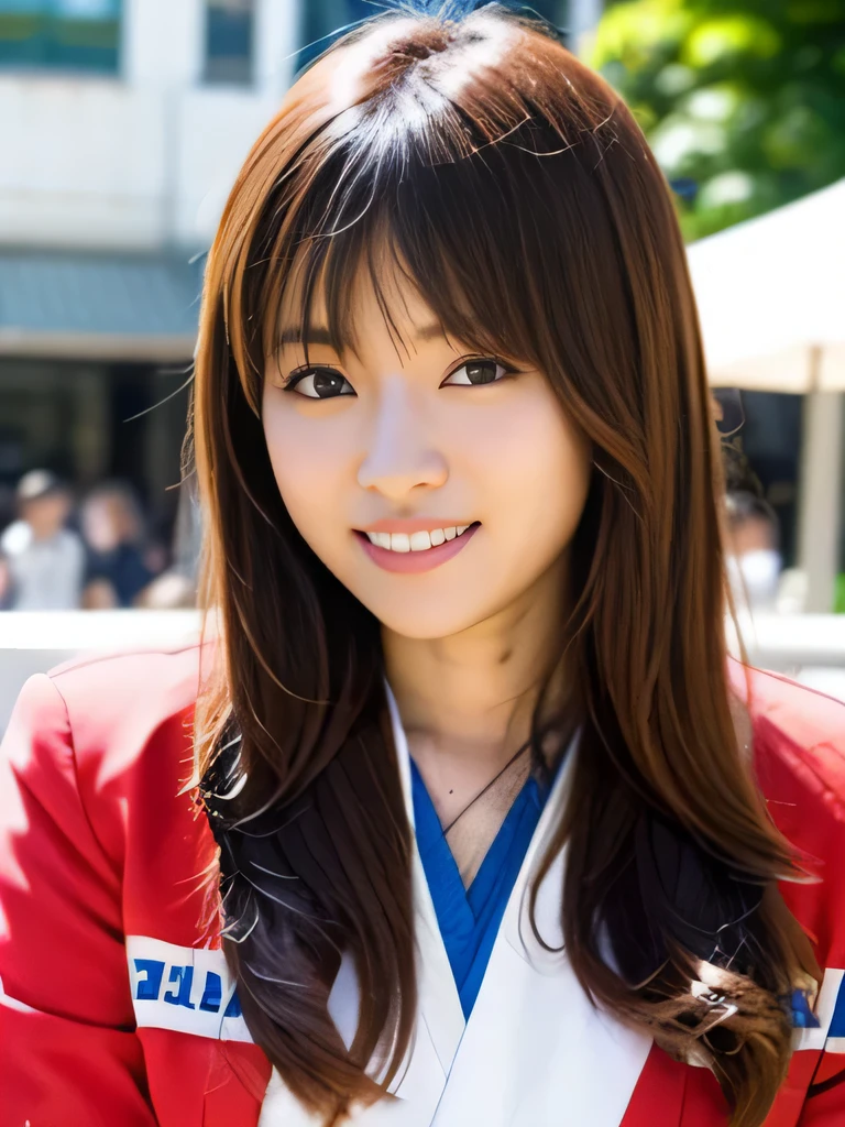 highest quality,excellent details,ultra high resolution,1 girl,,Japanese police officer,beautiful face,smile,long eyelashes and big eyes,glossy thick lips,police uniform,busy street,Shopping Street,sit on a bench,skirt,ride a bicycle