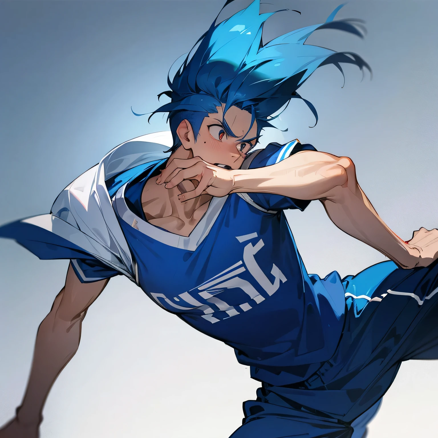Blue haired high school boy scared in sportswear