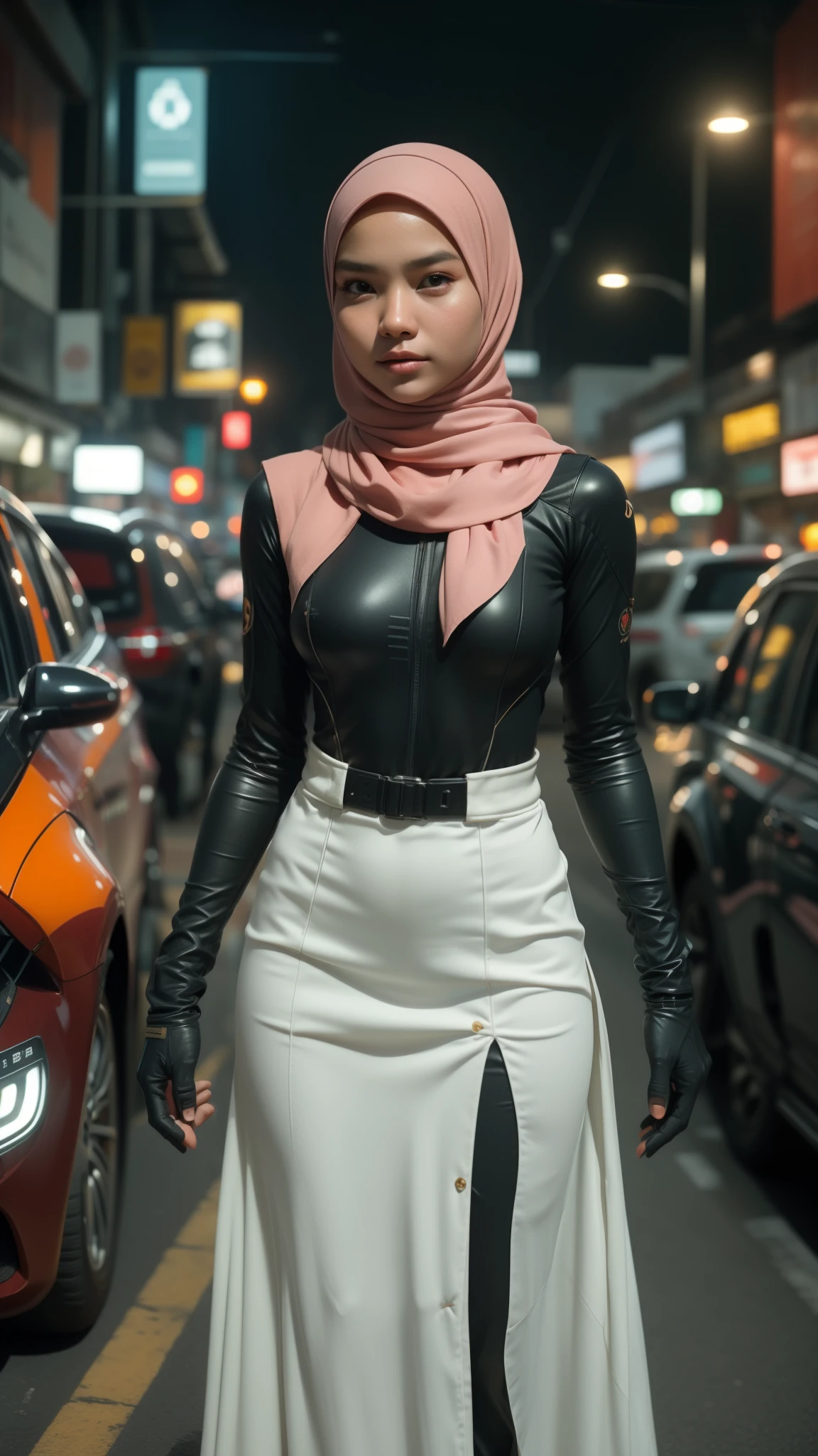 a Malay teenage girl in hijab and mecha suit standing in action pose in front of bustling Kuala Lumpur Malaysia city streets, serious face, beautiful body, nighttime, 35mm lens, Extreme close-up, pastel color grading, depth of field cinematography effect, film noir genre, 8k resolution, high quality, ultra detail.