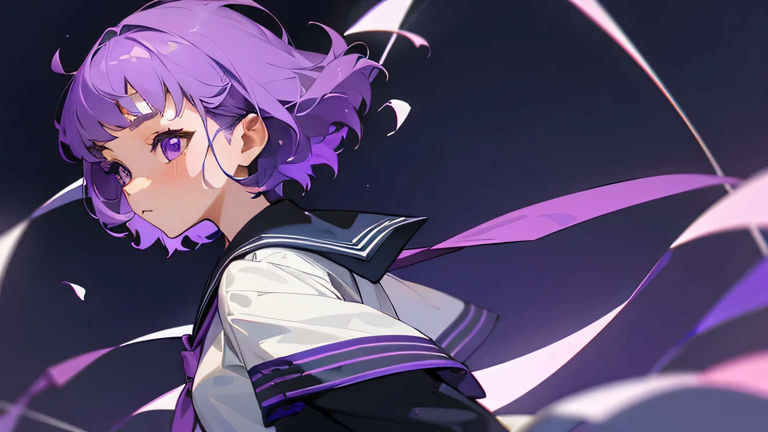 17-year-old female high school student,Short purple hair,purple eyes,Wearing a sailor suit