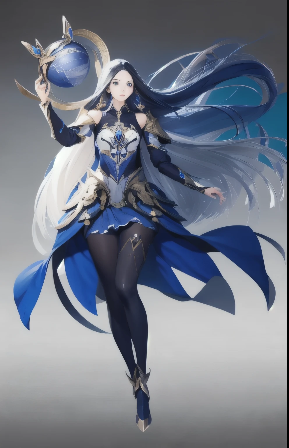 concept art, Character standing painting, 1 girl, long hair, Raise your legs high, alone, breast, flower, shoulder armor, earrings, jewelry, slope, whole body, slope background, gray background, blue eyes, sphere, skirt, very long hair, asymmetrical tights, armor, floating