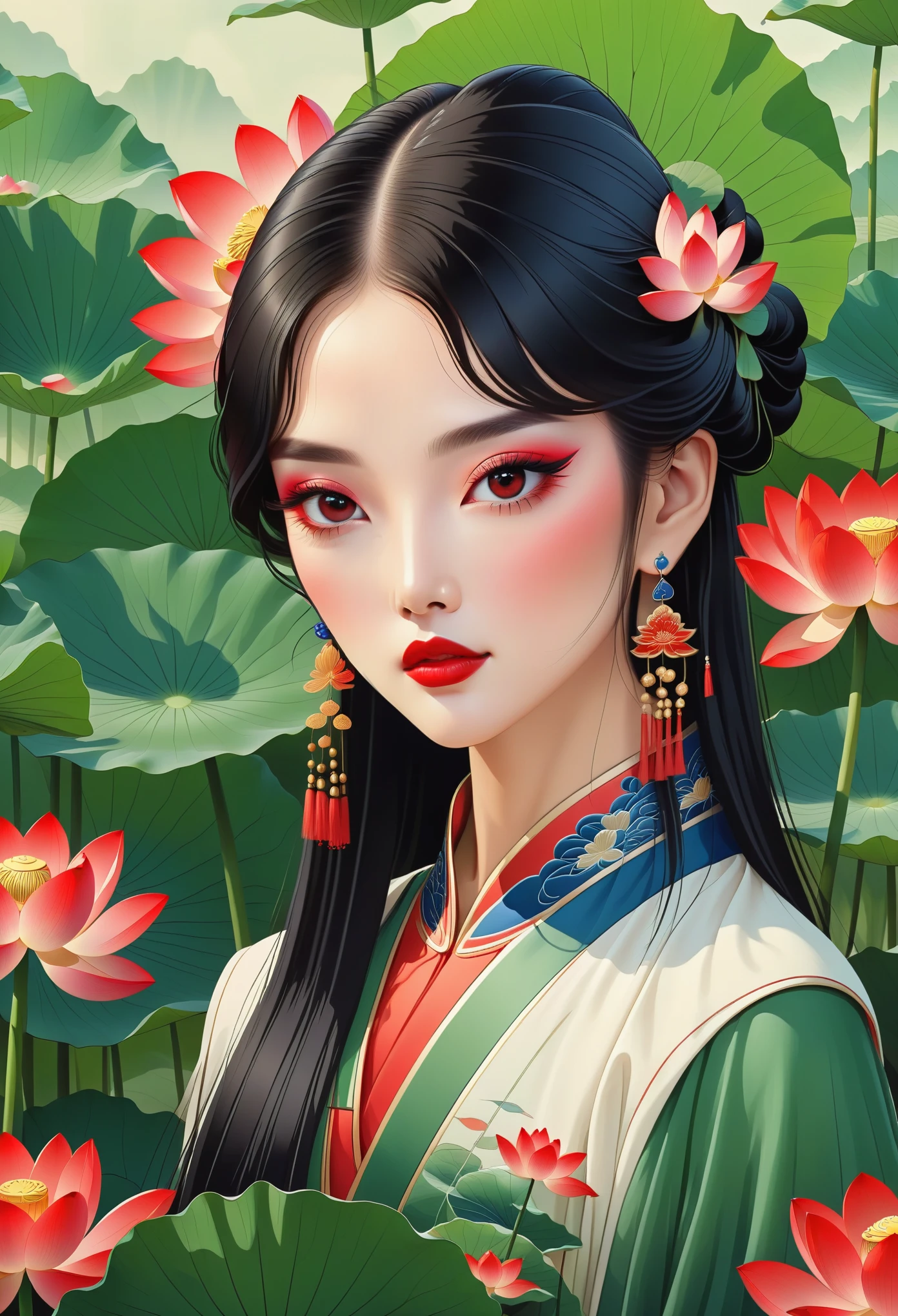 Vector,Chinese meticulous painting,Draw a beautiful girl,long black hair,exquisite makeup,red eye shadow,red lips,1 lotus leaf,clean background,smooth lines,Lines outline hair,Soft and elegant colors