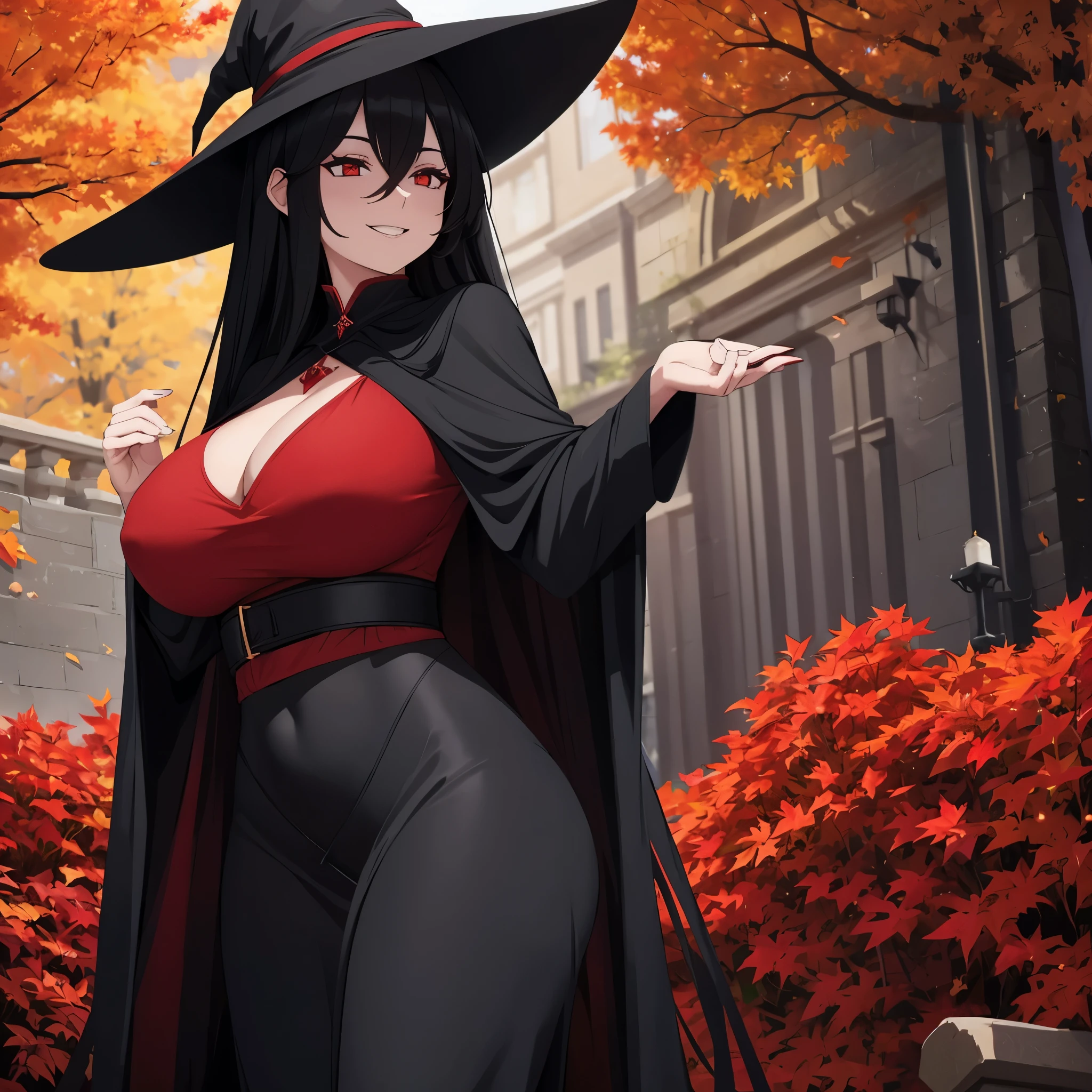 Woman in black outfit with red sorceress details, long black hair, red eyes, witch hat, smiling, big breasts, with red magical power in her hands, in an autumn themed garden
