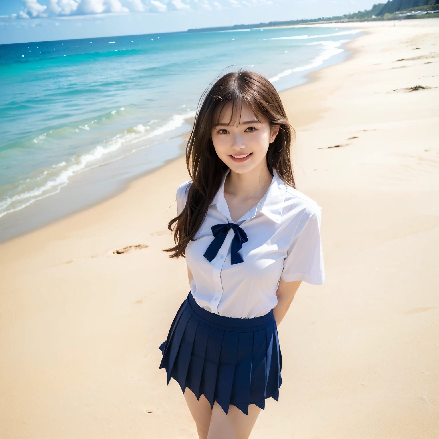 ((highest quality、table top、8k、best image quality、extremely complex and detailed depiction))、one high school girl、(solo:1.1)、(1 photo:1.1)、(look at me with the best smile:1.2)、(Please smile and show your beautiful teeth:1.2)、(最も自然でwide々It was々美しく完璧なstanding on the beach:1.2)、(wide々It was美しい波打ち際に立っている:1.1)、(Perfect and most natural polyester collared shirt:1.2)、(The most natural and perfect navy pleated skirt:1.2)、(Uniform red ribbon on the chest:1.3)、The perfect and most natural high school uniform、emphasize body line、(cleavage:1.1)、(big breasts:1.1)、(glamorous body:1.1)、hair swaying in the wind、(beautiful perfect sandy beach:1.1)、(beautiful clear sky:1.1)、(beautiful thunder clouds:1.1)、beautiful sea、(Beautiful clear and vivid sea:1.1)、Complex sea glow、beautiful seaの詳細が描かれています、(Brightly lit face:1.2)、(美しい skin that shines brightly:1.1)、Ultra high definition beauty face、ultra high definition hair、Super high definition beautiful eyes、(Pure white skin shining in ultra-high resolution:1.2)、very bright and glowing skin、Super high resolution glossy lips、(very bright and vivid:1.3)、(accurate anatomy:1.1)、Full body photo of a standing woman、long legs、barefoot、perfect legs、gravure pose、(standing on the beach:1.3)、(From above:1.3)