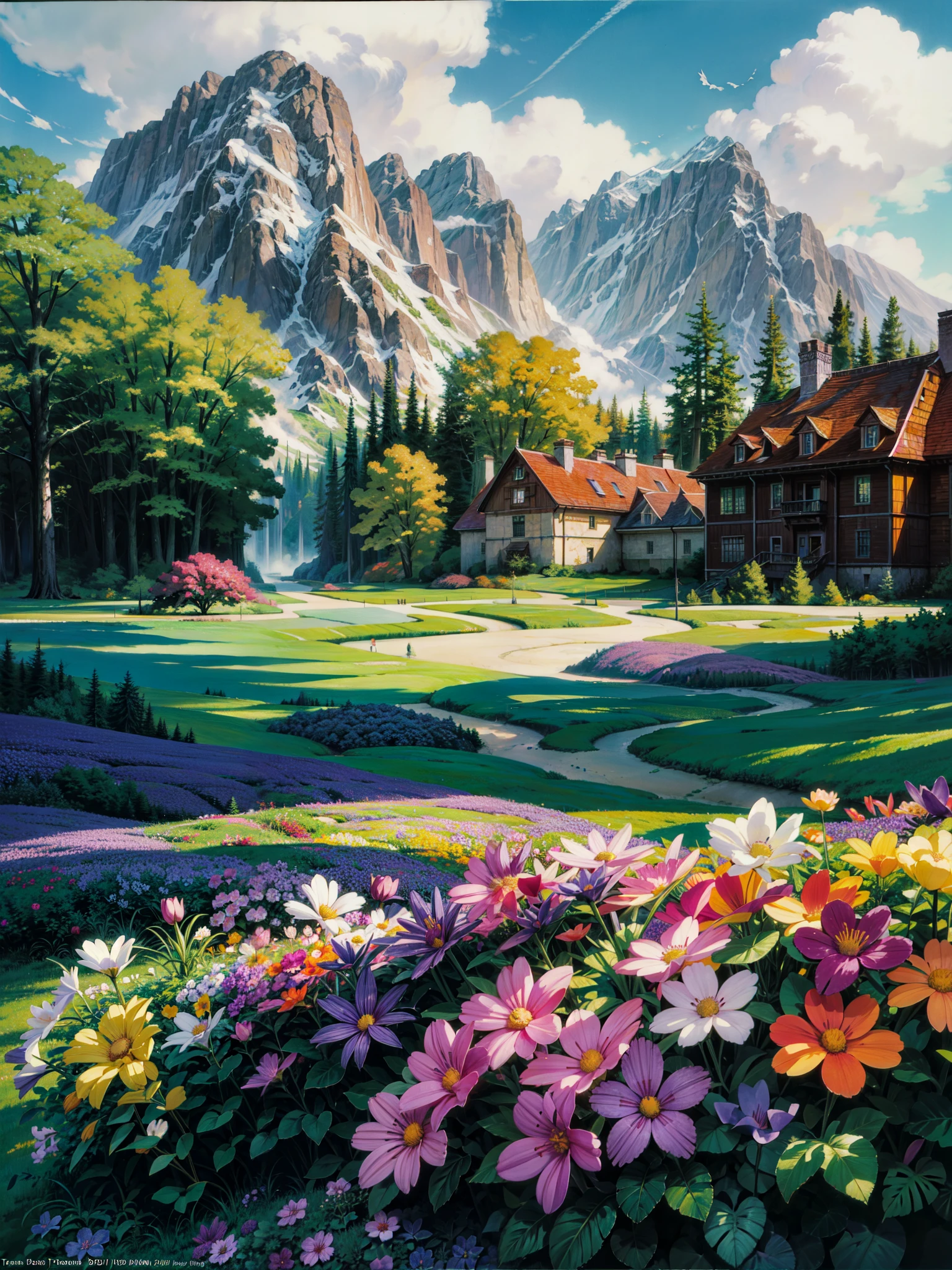 masterpiece, a painting of a flower garden with a castle in the background, thomas kinkade style painting, ( ( thomas kinkade ) ), ross tran. scenic background, thomas kinkade painting, romanticism landscape painting, colorful landscape painting, beautiful fantasy painting, anime landscape, anime nature wallpap, tomas kinkade, background of flowery hill, style thomas kinkade
best quality,ï1/4, (forest:1.5)