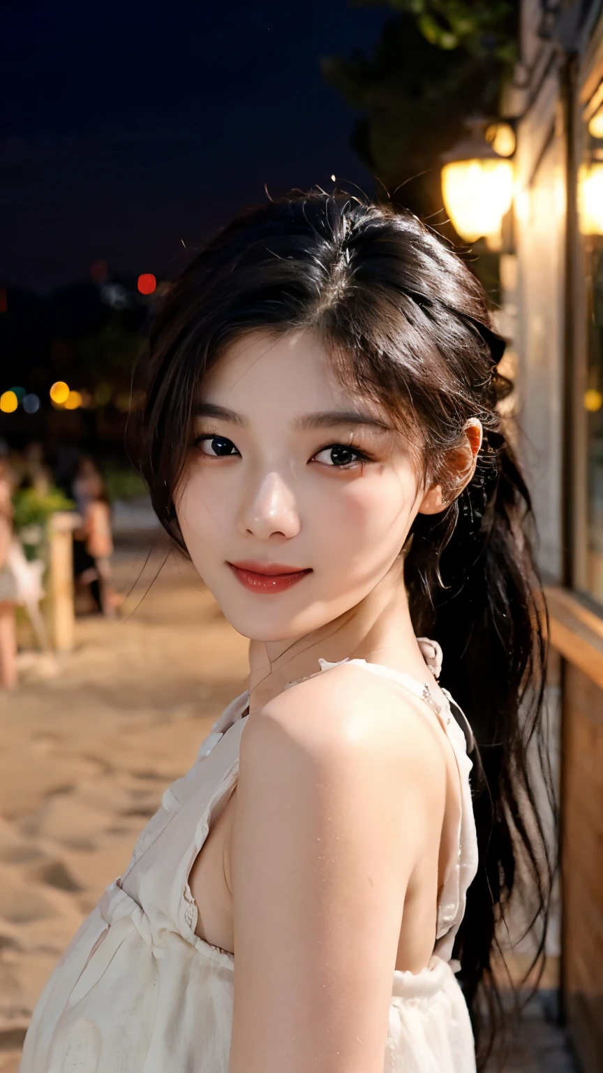 Picture of a 24 year old Korean woman with her hair tied up, night sand beach, Side corners, Tall and slender