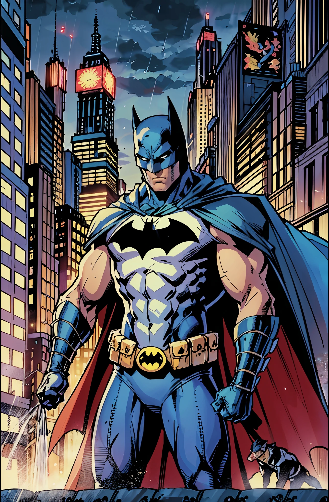 illustration, absurdres, masterpiece, 1boy, jim lee ,batman, standing, night, city, male focus,serious, on roof,cape,black armor, serious, cowboy shot, heavy downpour, floating cape,90s cartoons ,marvel comic，The background is New York City，Professional comic style, prominent contour lines