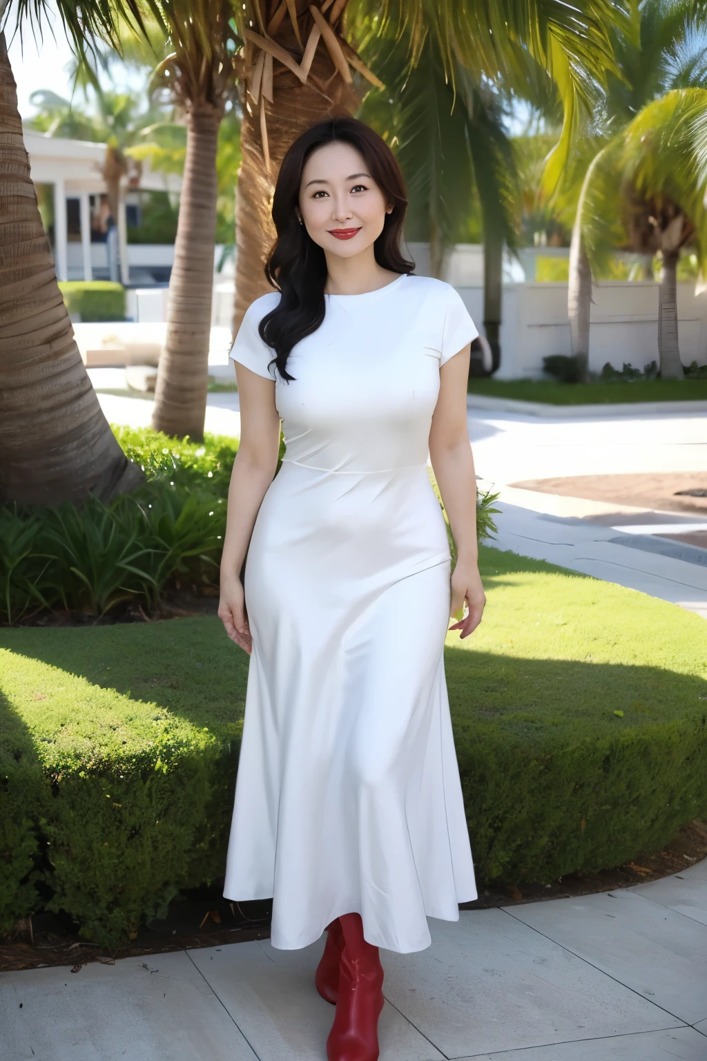 Draw lips correctly, red lipstick, from chest up, best quality, Super detailed, lifelike, Super fine skin, perfect anatomy, (1 日本Mature的女人), (alone),Wearing a green round neck long dress,short sleeve,white boots,wavy long hair,40 year old female,Mature,charming smile,beach background,stand,Slightly fat(1.2),Big breasts(1.2),full-body shot。