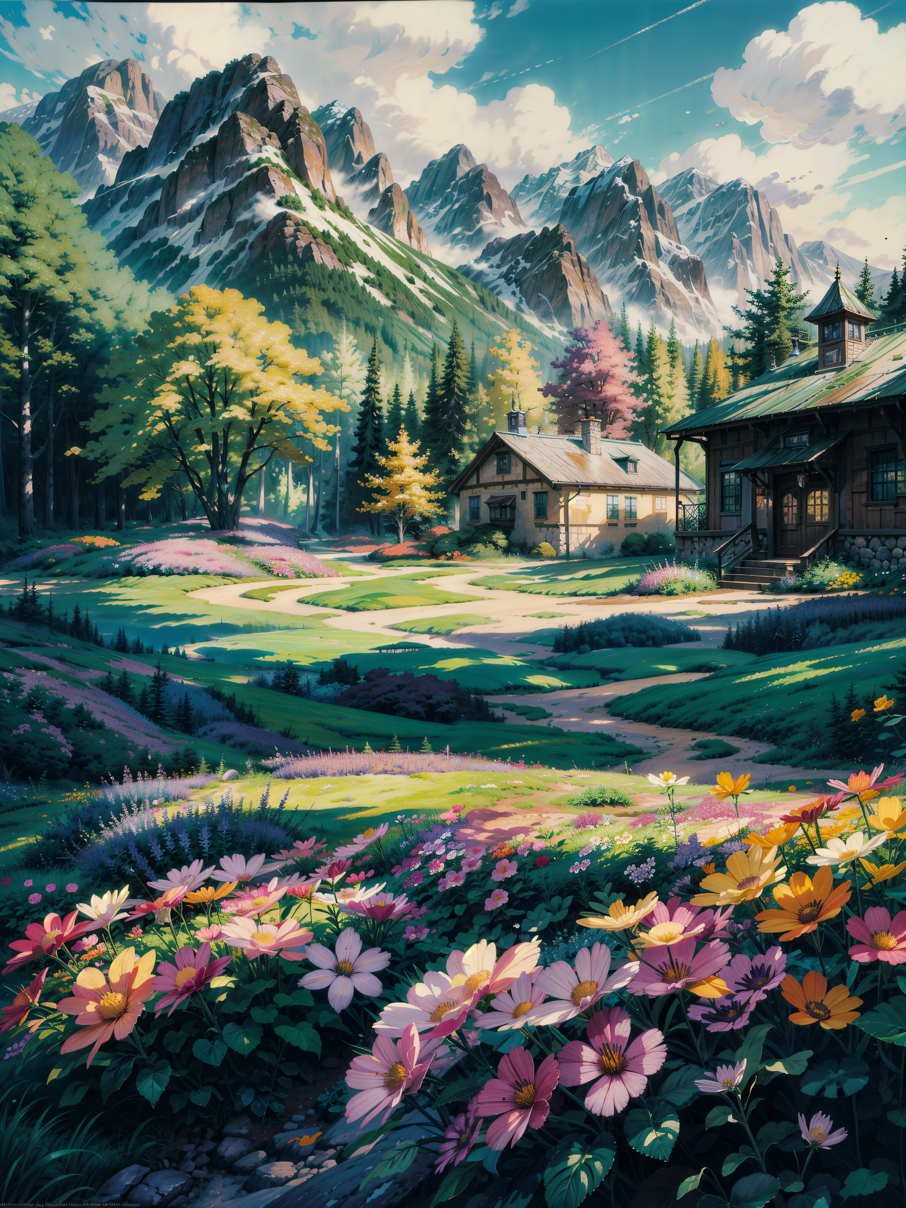 masterpiece, a painting of a flower garden with a castle in the background, thomas kinkade style painting, ( ( thomas kinkade ) ), ross tran. scenic background, thomas kinkade painting, romanticism landscape painting, colorful landscape painting, beautiful fantasy painting, anime landscape, anime nature wallpap, tomas kinkade, background of flowery hill, style thomas kinkade
best quality,ï1/4, (forest:1.5)