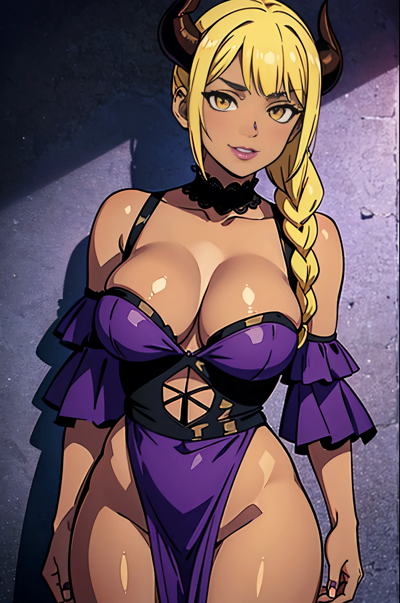 high quality, masterpiece quality, 1woman, facing viewer, succubus, prostitute, ram horns, dark olive skin, tanned skin, yellow colored eyes, blonde hair long bangs, braided ponytail, large breasts, large wide hips, in a lace Ruffle Off Shoulder Mini Dress((dark purple colored)), cleavage, smug smile, lustful gaze, thick full plump fat lips, dark purple lipstick, in cobblestone backdrop