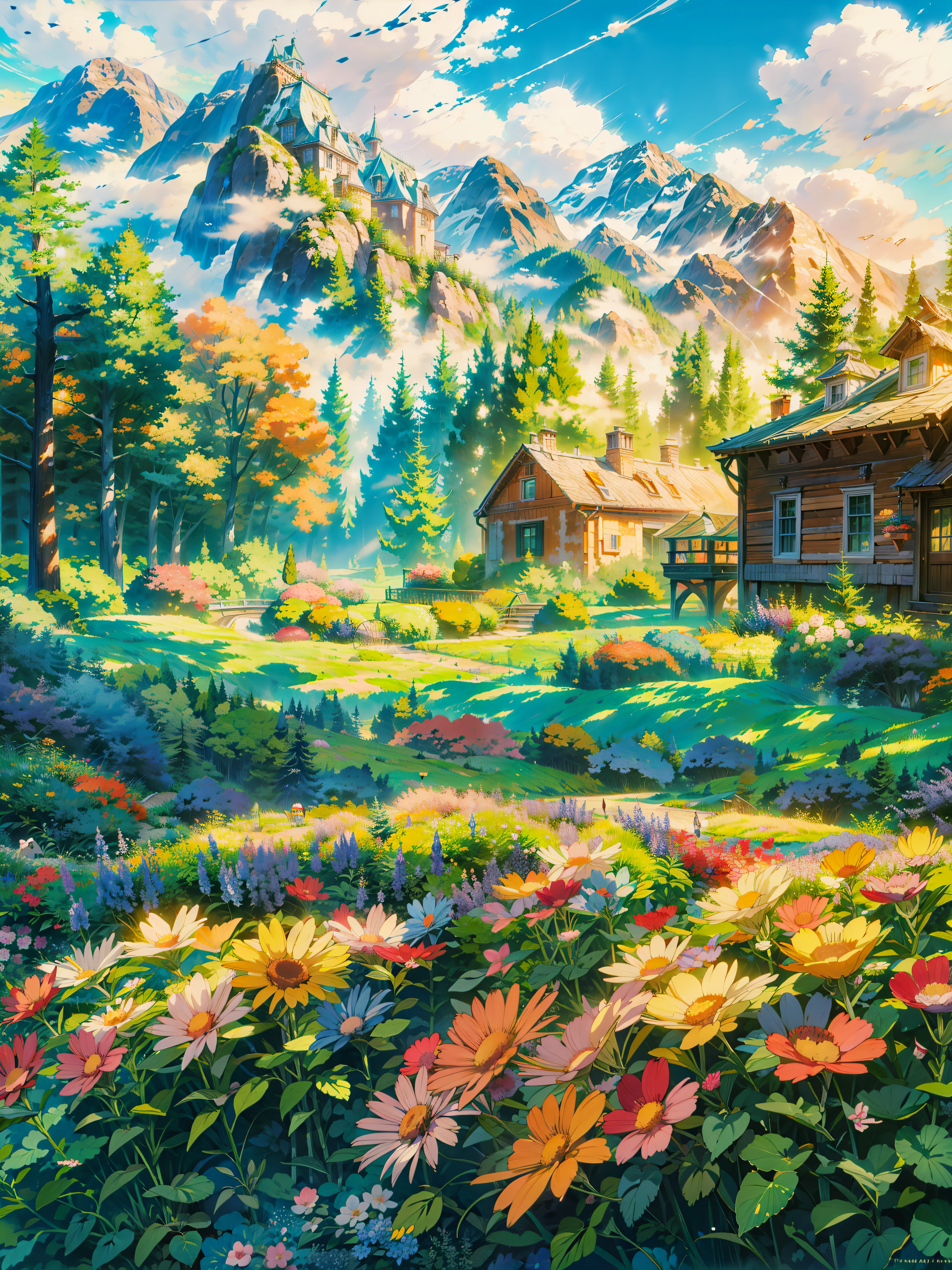 masterpiece, a painting of a flower garden with a castle in the background, thomas kinkade style painting, ( ( thomas kinkade ) ), ross tran. scenic background, thomas kinkade painting, romanticism landscape painting, colorful landscape painting, beautiful fantasy painting, anime landscape, anime nature wallpap, tomas kinkade, background of flowery hill, style thomas kinkade
best quality,ï1/4, (forest:1.5)
