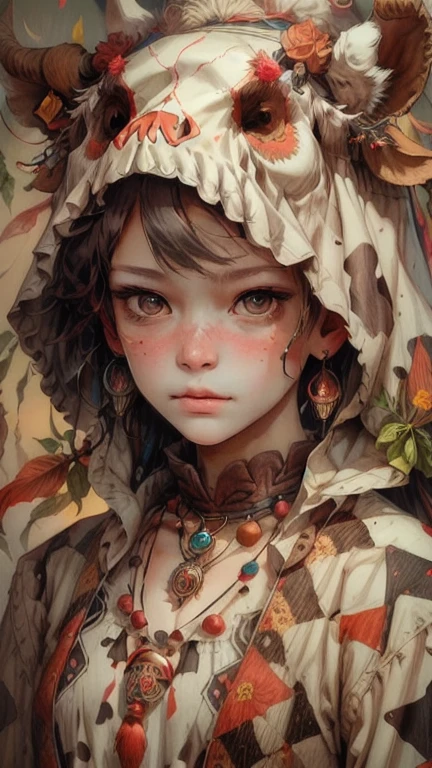 {{{highest quality}}}, {{Super detailed}}, {{very delicate and beautiful}}, (highest quality, In 8K, 32K, ),front facing portrait、(masterpiece), (highest quality), (Super detailed),front facing portrait、native american、realistic oil painting 、Girl wearing a cow head hood、Cow costume、cow skull necklace、native american
