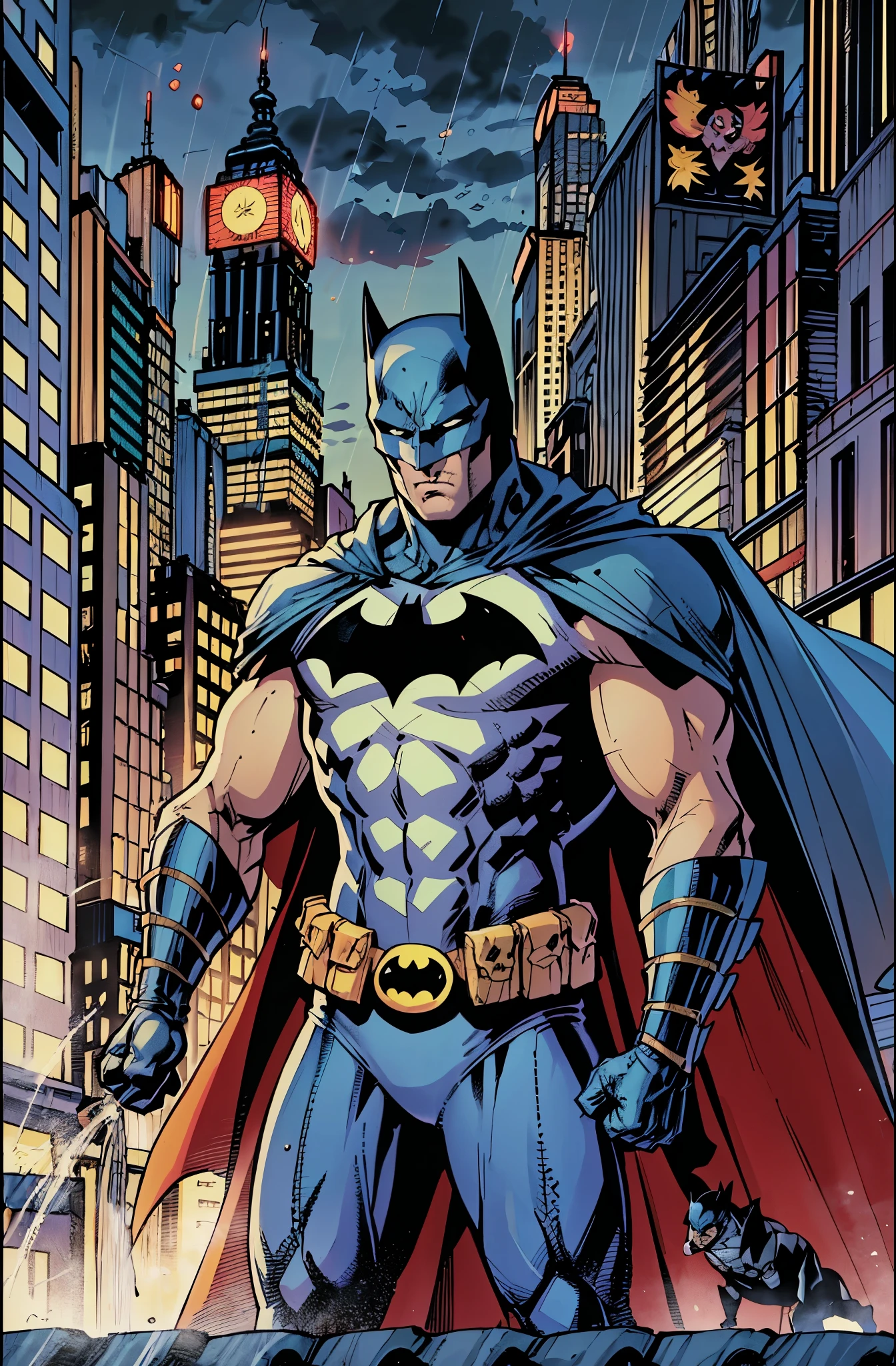 illustration, absurdres, masterpiece, 1boy, jim lee ,batman, standing, night, city, male focus,serious, on roof,cape,black armor, serious, cowboy shot, heavy downpour, floating cape,90s cartoons ,marvel comic,The background is New York City,Professional comic style, prominent contour lines