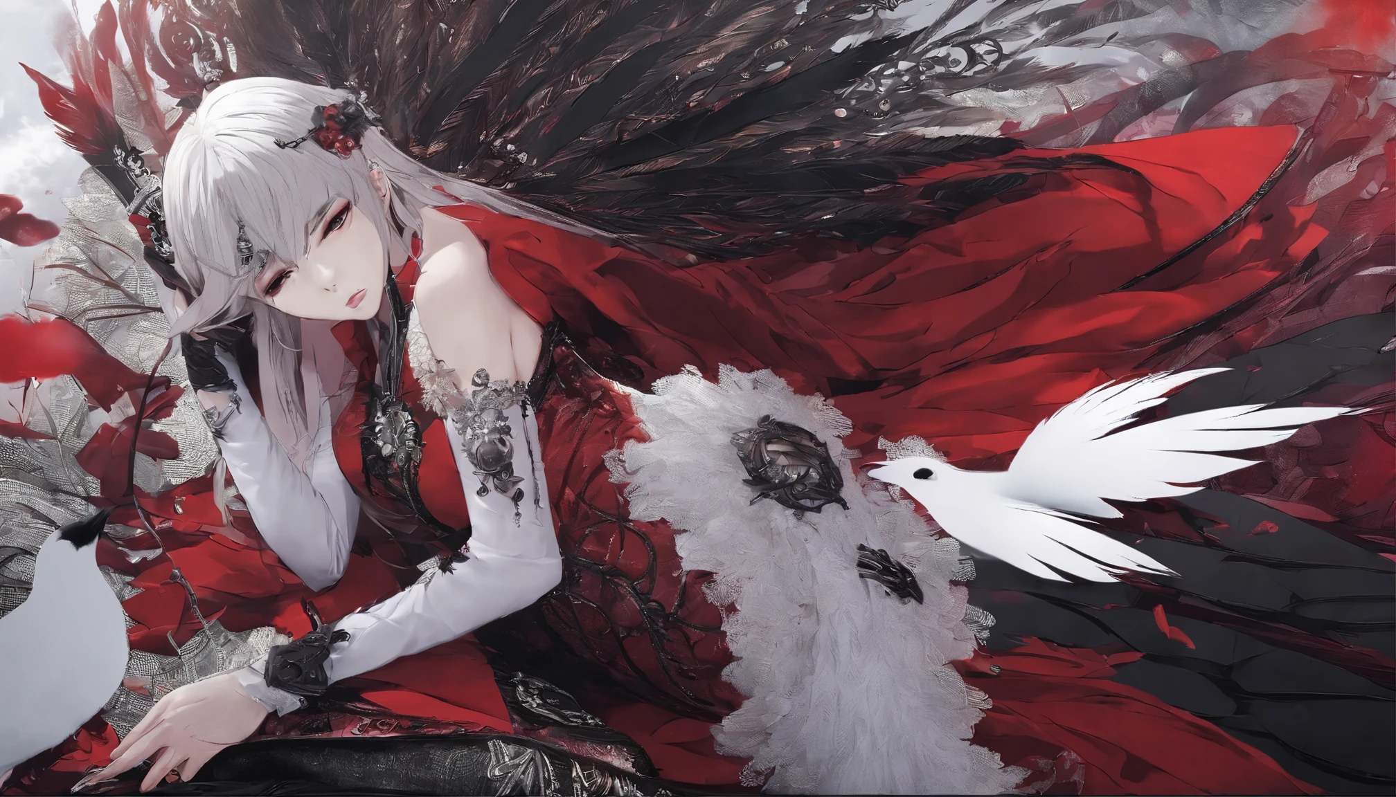 (highest quality,4K,High resolution),Cover the whole thing with a feather frame、Red highlights on black hair、long straight hair、closed my eyes、sleeping woman、small、long eyelashes、Red eyeliner、sexy red lips、full body shot、Delicately expresses realistic smooth skin texture down to the smallest detail、Realistic body representation、Red leather bodysuit with intricate embellishments、cross belt、Left and right contrast、fashion model pose、Photographic depiction like a model、photo realistic、The whole area is filled with countless feathers、
