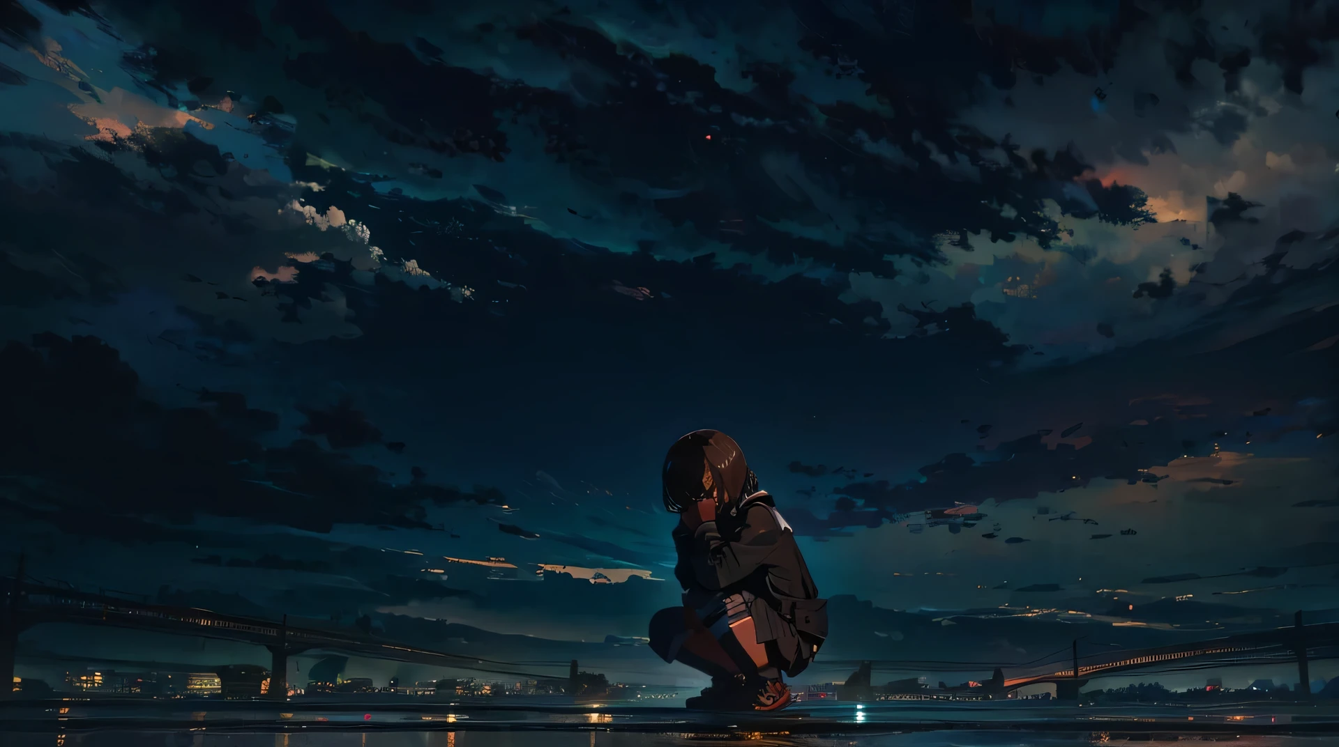 high resolution,High definition,high quality,A woman crouching alone in a built-up area,the sky is covered with black clouds,