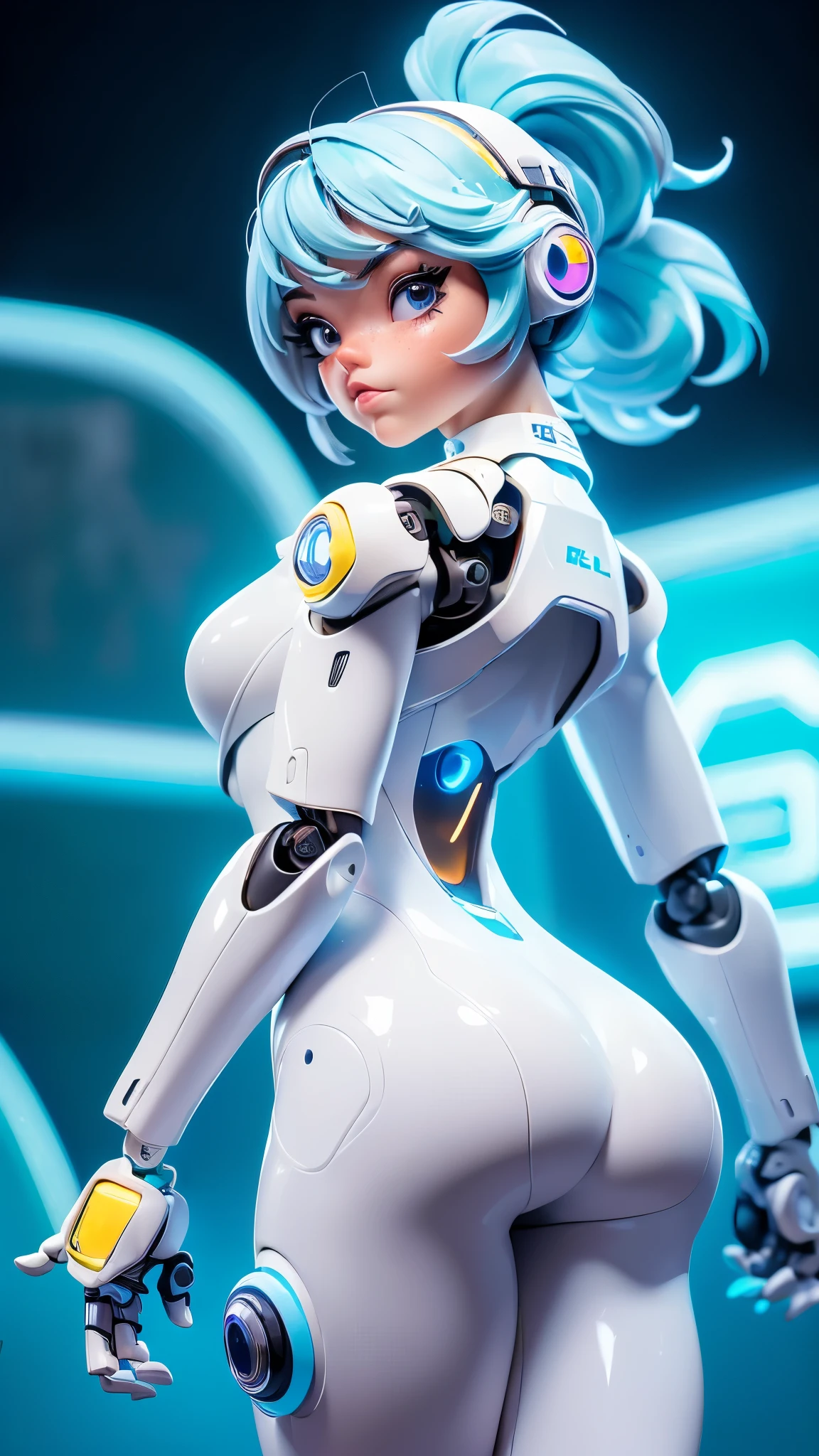 (rear view, backside view),(La mejor calidad,A high resolution,Ultra - detallado,actual),Jenna Ortega 、nalgas grandes、arrodillarse、Electronic visor attached to the face of a 12-year-old girl with emphasis on the buttocks、Red latex body...,modo ciberpunk、pose sexy、(Usar polainas amarillas en la parte inferior del cuerpo、Agrandamiento de los senos、Neon lights in the dark city at night...,motor irreal:1.4,hd,La mejor calidad:1.4, fotorrealista:1.4, textura de la piel:1.4, obra maestra:1.8,obra maestra, mejor calidad,（ojos hermosos azules :1.4 ）,( neon blue cyborg),(perfect anatomy),(dedos detailed :1.4 ),(white cyborg latex bodysuit:1.4) ,,( perfect anatomy :1.4 ), (estilo ciborg kawaii amarillo :1.4), (background alley walls big stones :1.4), (Solo), (Jenna Ortega V2.1), (Detailed face :1.4),( fondo laboratorio robotic:1.4)