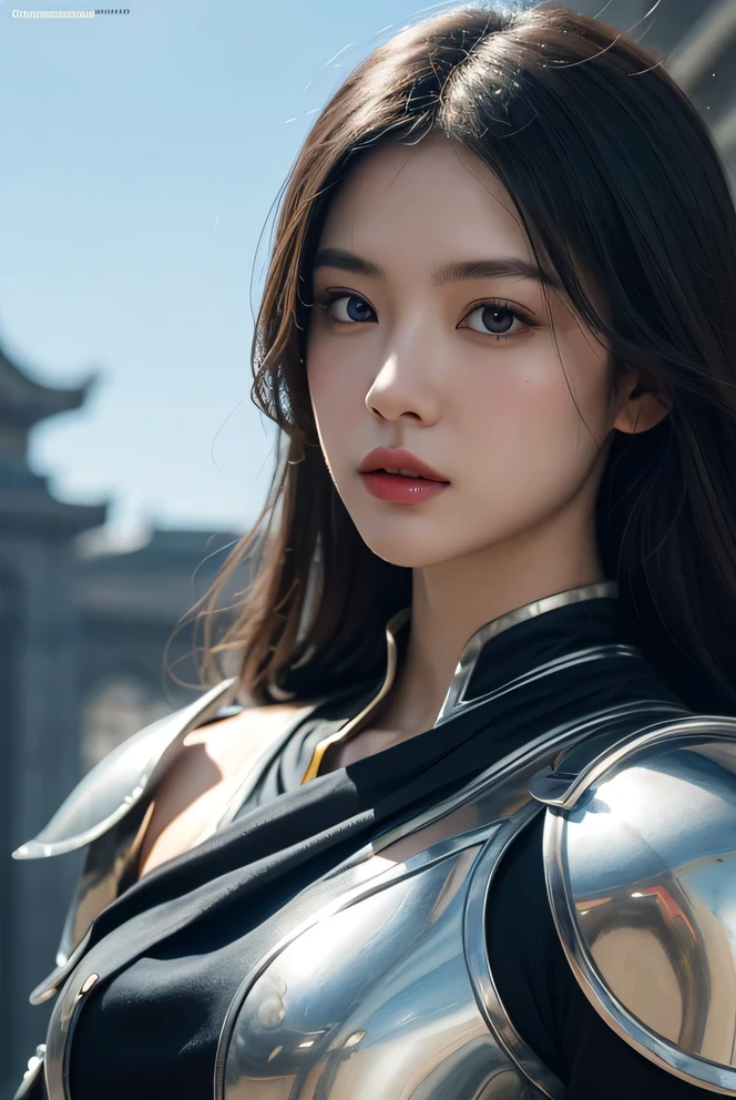 a young female taoist with long hair and a european face,big breast,cleveage, playing an erhu, extremely detailed face and features, beautiful detailed eyes, beautiful detailed lips, extremely detailed portrait, extremely detailed face and features, extremely detailed hands, extremely detailed clothing, leather armor, bard, mountain background, gold background, (best quality,4k,8k,highres,masterpiece:1.2),ultra-detailed,(realistic,photorealistic,photo-realistic:1.37),HDR,UHD,studio lighting,ultra-fine painting,sharp focus,physically-based rendering,extreme detail description,professional,vivid colors,bokeh