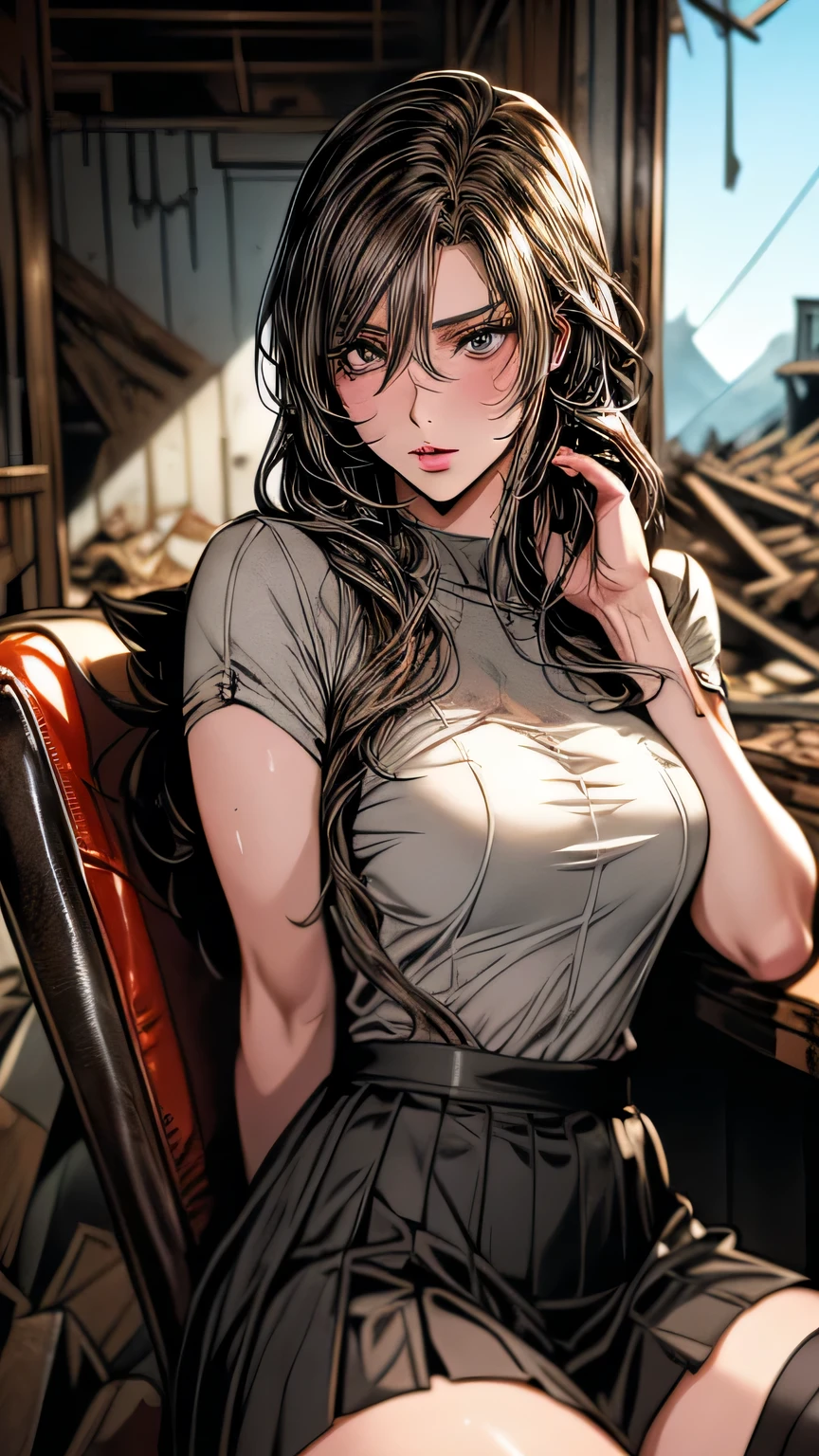 art future anime. bird'perspective, Dirty woman sitting on a chair in a dilapidated house, wet messy hair above the eyes, Detailed bodycon shirt and short pleated skirt. big ship, close-up landscape, hurt. written by hand, cinematic lighting, very detailed. white, Brown, red. perfect composition, masterpiece, highest quality, 4k, sharp focus. perfect anatomy.(((whiteいマイクロミニランジェリーセット)))