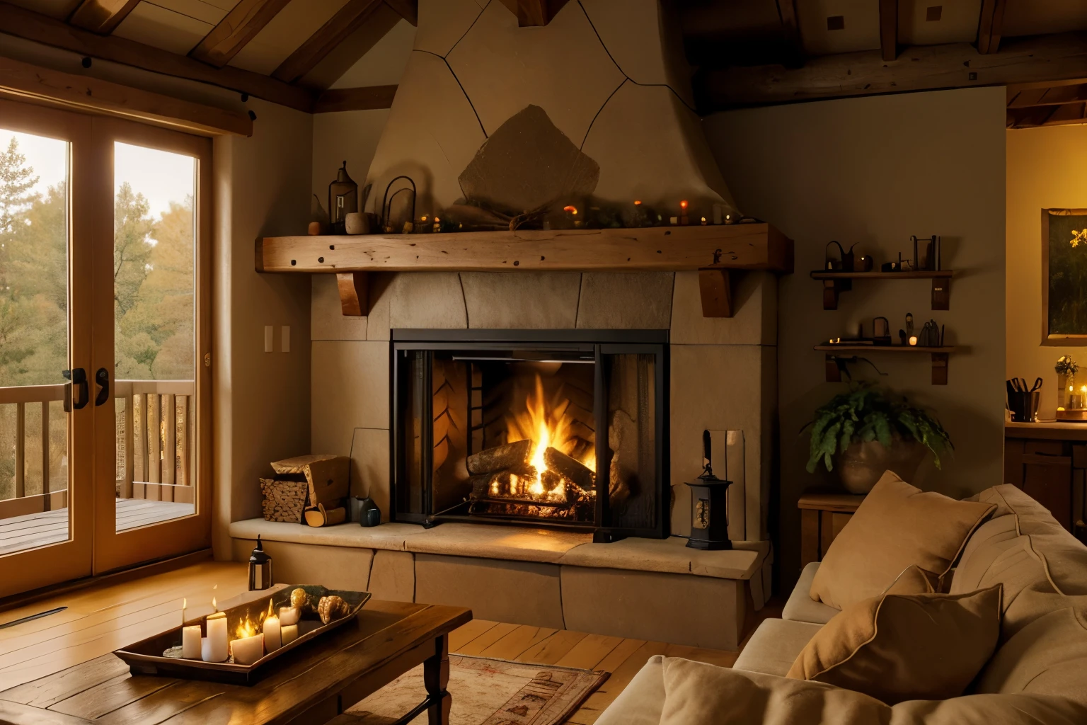 Cozy fireplaces: Crackling fires emitting warmth and casting a soft glow, offering comfort and a cozy atmosphere indoors.