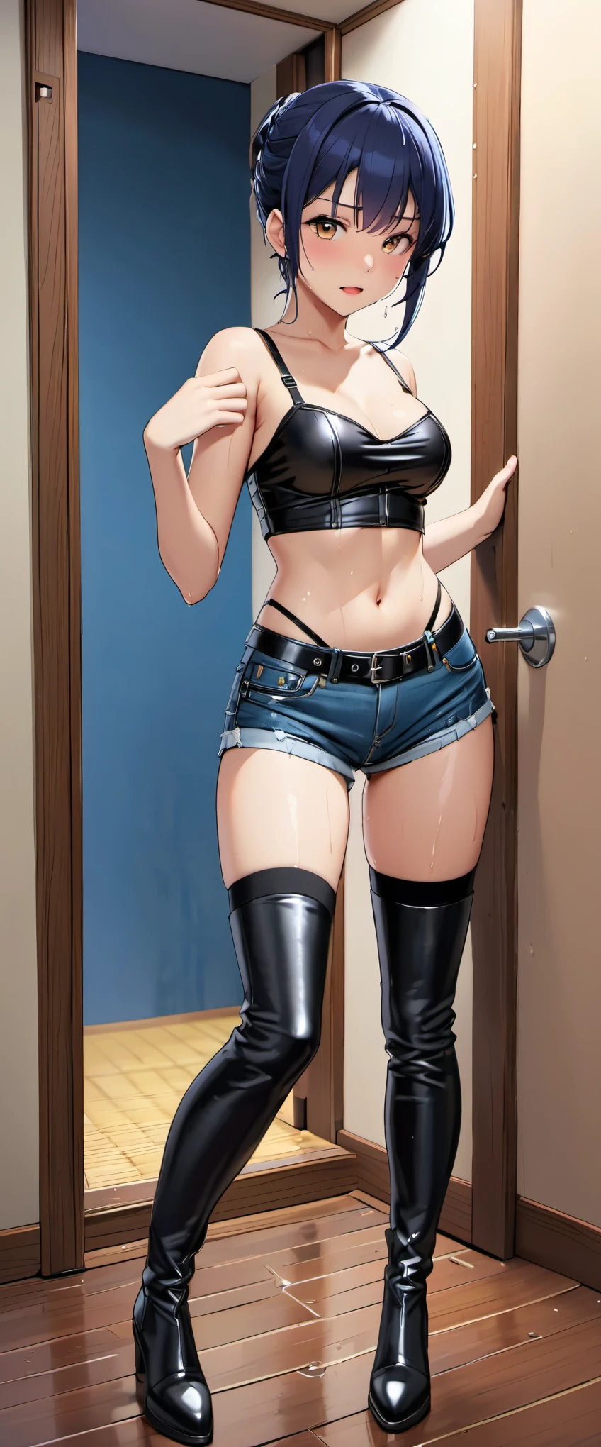 High resolution, woman , good lighting, despicable, , (No nudity), (((loose jean shorts))), ((tight leather top)), (((leather thigh high boots))), (garter belt), abdomen only, (wet shorts),  ,  cute face, I&#39;Iは恥ずかしくて赤面します, humiliating, ((spread your legs)), ((wet state))