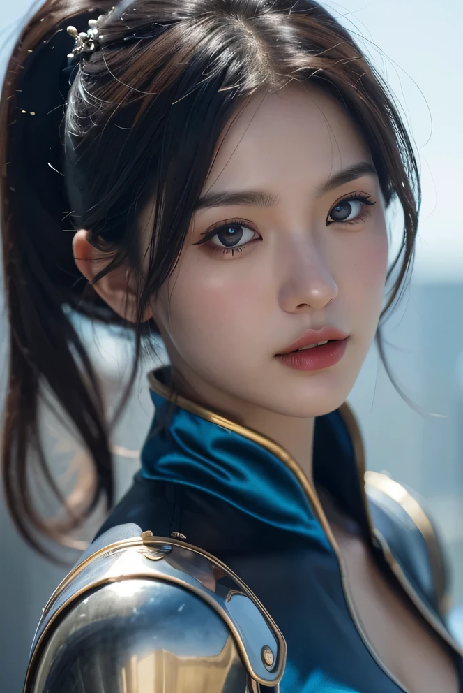 Close-up of a woman wearing a silver and blue dress, chengwei pan on artstation, detailed fantasy art, Stunning character art, Best art sites for fan art, Epic and beautiful character art, Beautiful Chinese armor, Extremely detailed Artgerm, Detailed digital animation art, artgerm on artstation pixiv, Armor girl