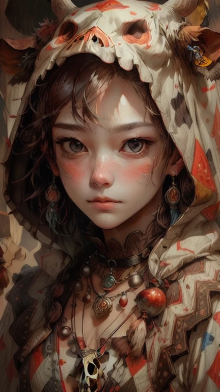 {{{highest quality}}}, {{Super detailed}}, {{very delicate and beautiful}}, (highest quality, In 8K, 32K, ),front facing portrait、(masterpiece), (highest quality), (Super detailed),front facing portrait、native american、realistic oil painting 、Girl wearing a cow head hood、Cow costume、cow skull necklace、native american

