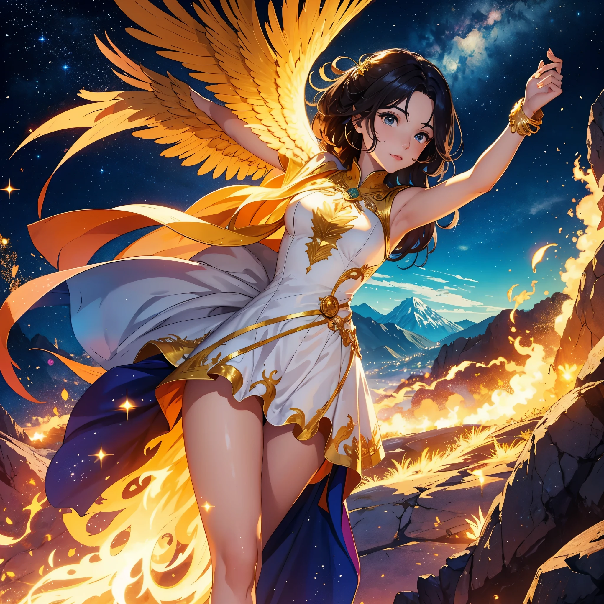 Drawing of a phoenix, renascendo das cinzas, she&#39;s coming out of a magic egg, In the background you can see a costume-style, with mountains and starry sky