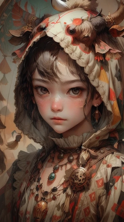 {{{highest quality}}}, {{Super detailed}}, {{very delicate and beautiful}}, (highest quality, In 8K, 32K, ),front facing portrait、(masterpiece), (highest quality), (Super detailed),front facing portrait、native american、realistic oil painting 、Girl wearing a cow head hood、Cow costume、cow skull necklace、native american
