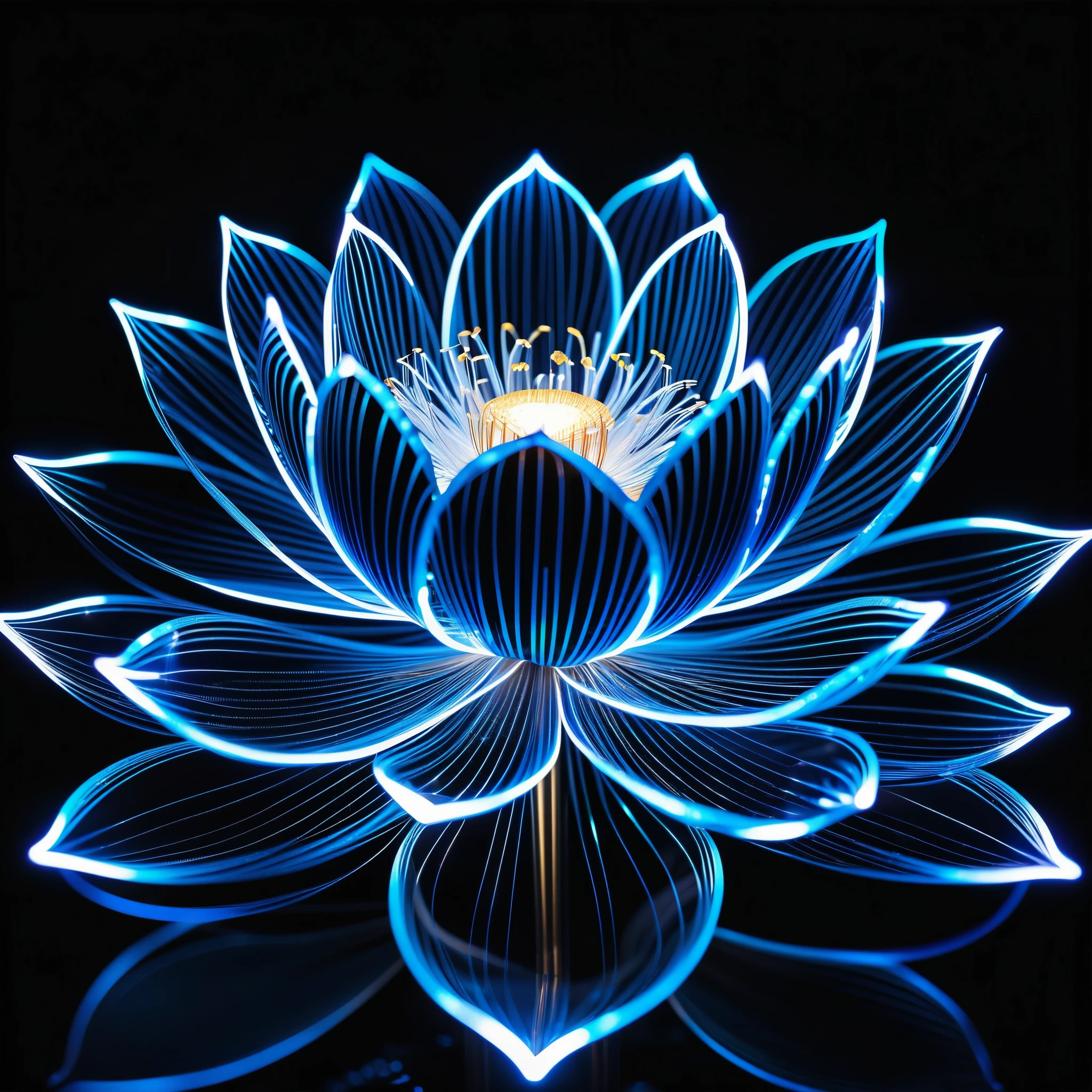 Blue electrons form a lotus silhouette, with lightning effects shining brightly on a black background，in style of Bruce Munro, detailed