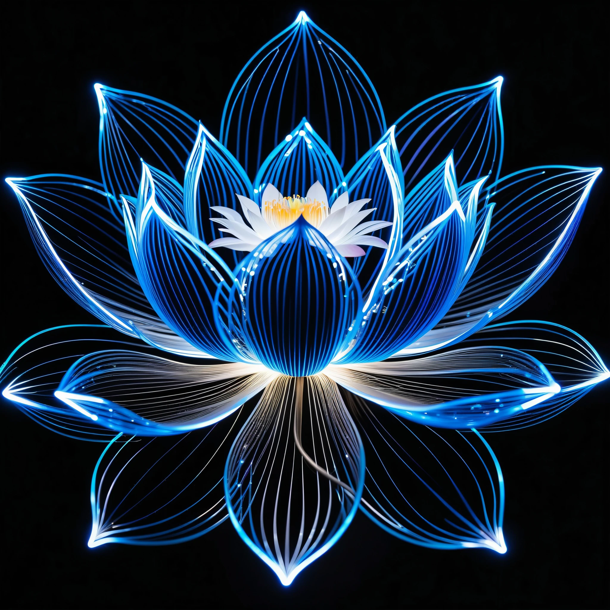 Blue electrons form a lotus silhouette, with lightning effects shining brightly on a black background，in style of Bruce Munro, detailed