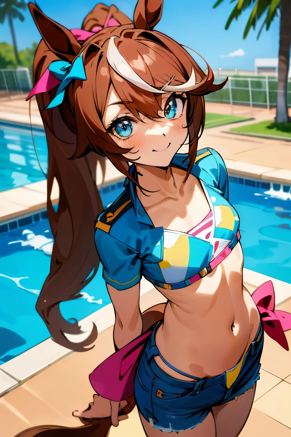 Tokai Teio \(umamusume\), ((highly detailed eyes)), (((bikini))), masterpiece, highest quality, (abnormal body, small breasts, horse tail,smile, pool, whole body, frontage, long ponytail,hot pants denim