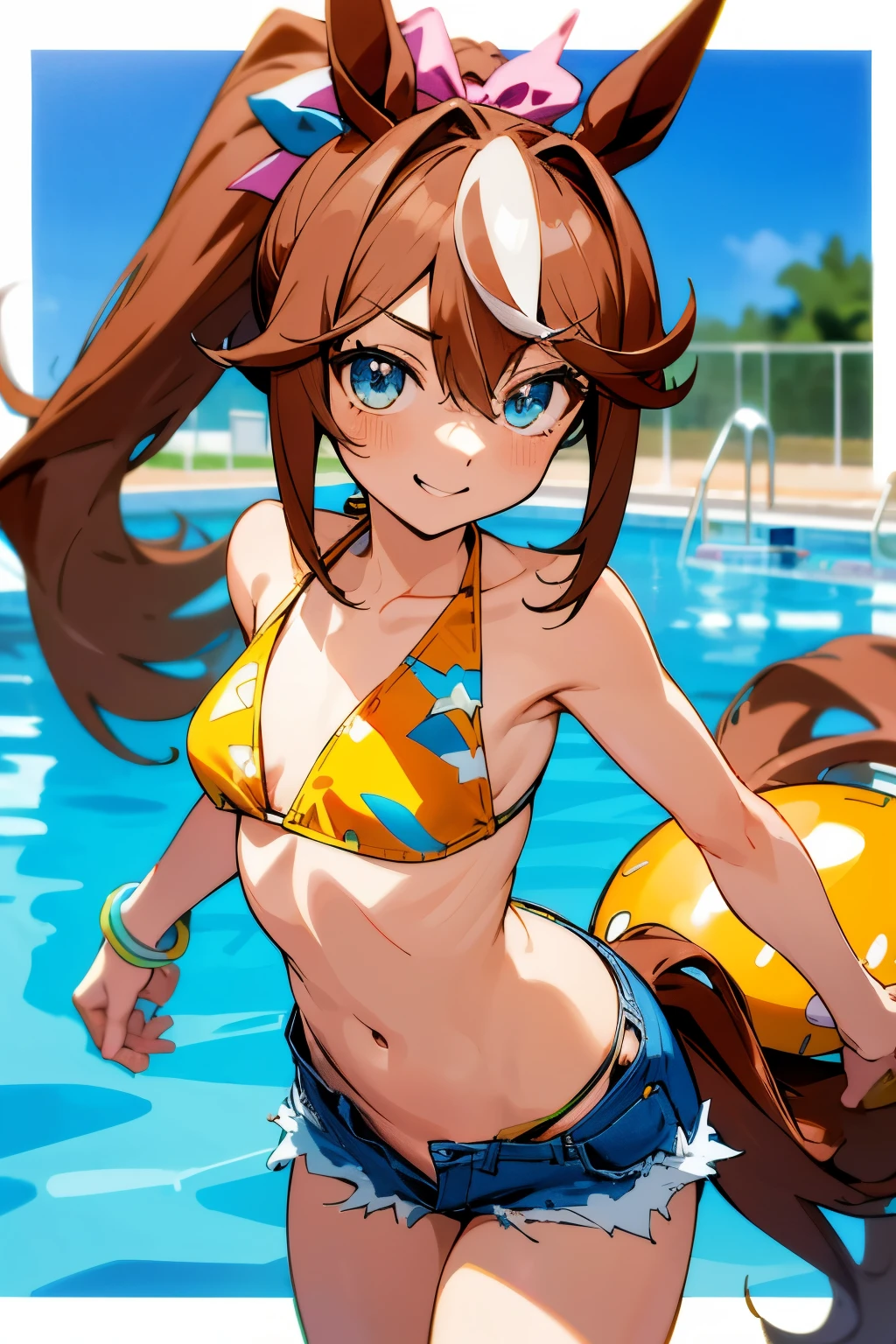 Tokai Teio \(umamusume\), ((highly detailed eyes)), (((bikini))), masterpiece, highest quality, (abnormal body, small breasts, horse tail,smile, pool, whole body, frontage, long ponytail,hot pants denim