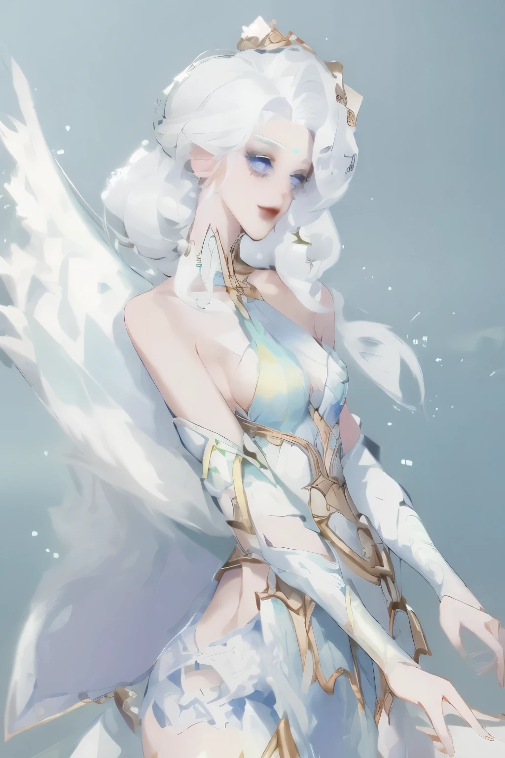 , leprechaun, white hair: long, blue eyes, small breasts, vest, garter, hair accessories, seductive smile, gaze, head tilt, behind arms, (slim), (thin legs: open legs), high detail, best quality, masterpiece, detailed ice, cumulonimbus clouds, beautiful details glow, ice crystal textured wings