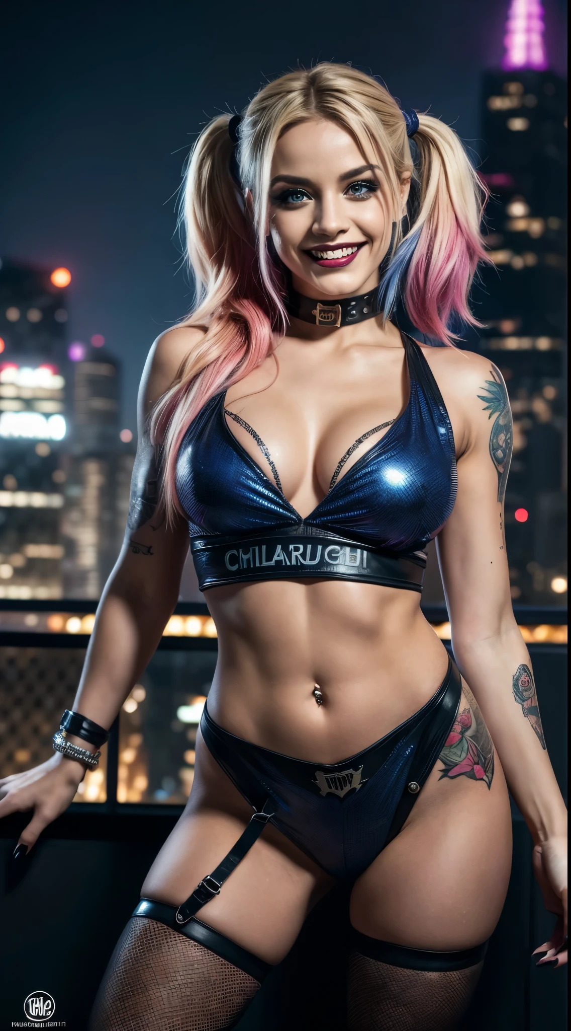 (best quality,4k,8k,highres,masterpiece:1.2),ultra-detailed,(realistic,photorealistic,photo-realistic:1.37),portrait,comic style,playful,energetic, vibrant colors, dramatic lighting,alluring, mischievous smile,blue and pink color scheme, Harley Quinn costume,expressive eyes, tousled hair,whimsical background, dynamic pose,confident attitude,smudged makeup,sparkling personality,deranged beauty, iconic bat motif, striking tattoos, rebellious spirit, Gotham City skyline,laughing in the face of danger,sassy elegance