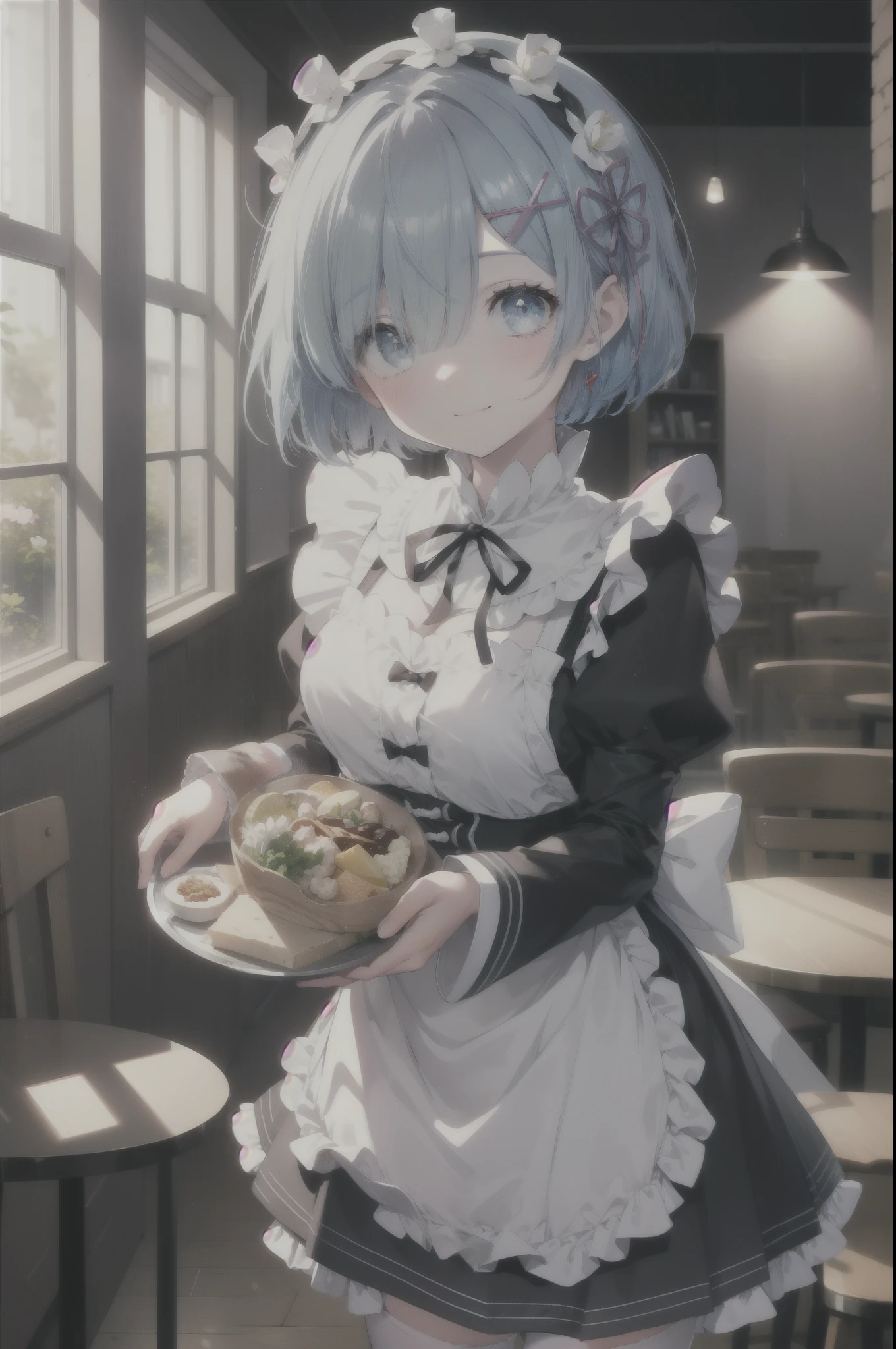 rezeroRem, Rem, blue eyes, blue hair, hair ornaments, hair above one eye, hair ribbon, short hair, x hair ornaments,
break apron, black ribbon, smile,blush,black skirt, black sleeves, removed collar, removed sleeve, flower, frillsエプロン, frilled skirt, frills, 頭のflower輪, long sleeve, maid, miniskirt, neck ribbon, purple ribbon, ribbon, ribbon trim, ribbon-trimmed sleeves, roswaal mansion maid uniform, short hair, skirt, Thighhighs, waist apron, white apron, white Thighhighs,food, drink, table and chairs, cleaning, tray, tray in one hand
break indoors, coffee shop,
break looking at viewer, 
break (masterpiece:1.2), highest quality, High resolution, unity 8k wallpaper, (figure:0.8), (detailed and beautiful eyes:1.6), extRemely detailed face, perfect lighting, extRemely detailed CG, (perfect hands, perfect anatomy),
