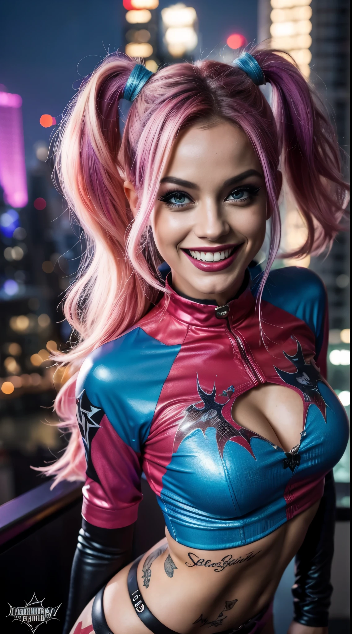 (best quality,4k,8k,highres,masterpiece:1.2),ultra-detailed,(realistic,photorealistic,photo-realistic:1.37),portrait,comic style,playful,energetic, vibrant colors, dramatic lighting,alluring, mischievous smile,blue and pink color scheme, Harley Quinn costume,expressive eyes, tousled hair,whimsical background, dynamic pose,confident attitude,smudged makeup,sparkling personality,deranged beauty, iconic bat motif, striking tattoos, rebellious spirit, Gotham City skyline,laughing in the face of danger,sassy elegance