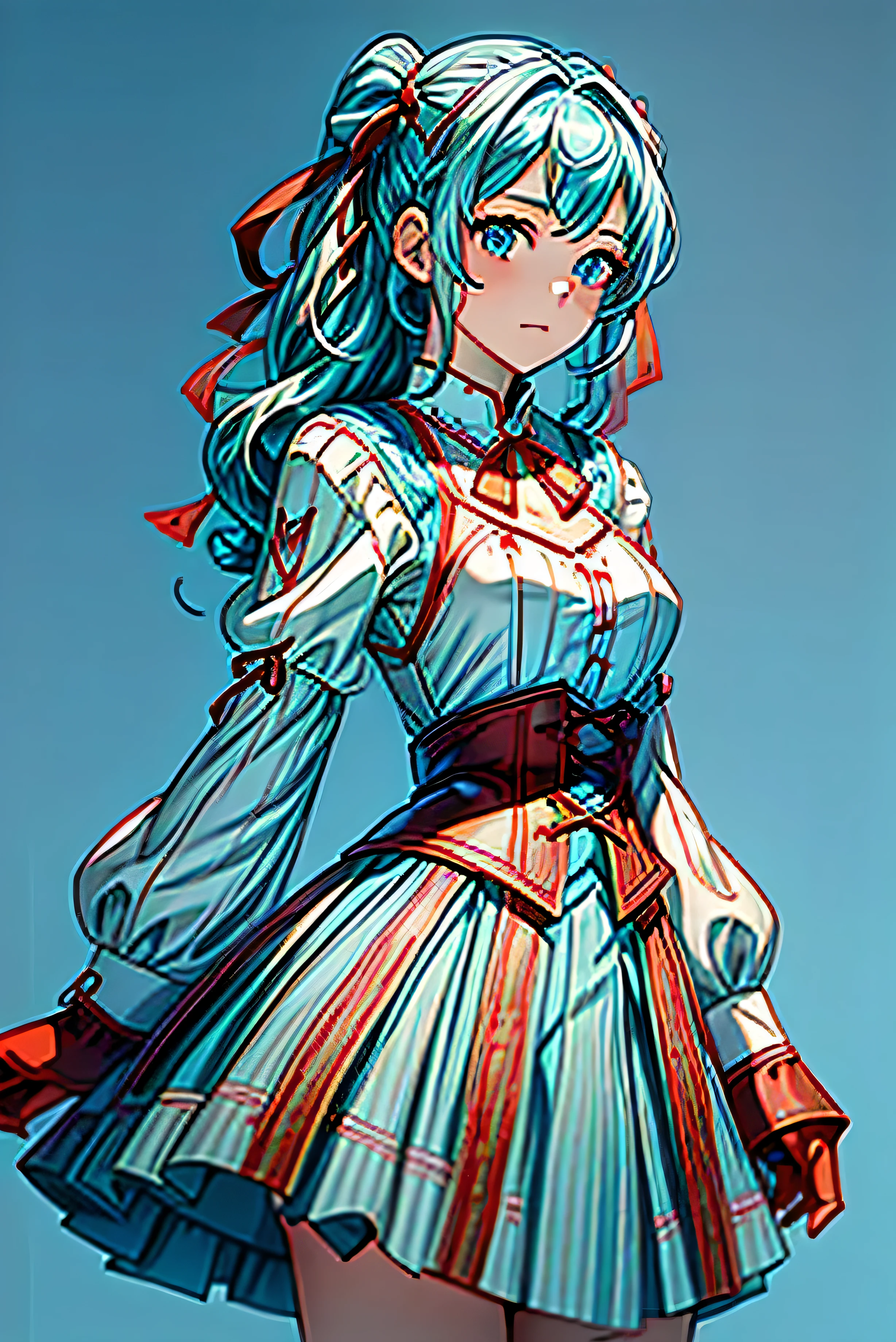 masterpiece, best quality,16 year old girl, light blue hair, wavy hair, upper body, small breasts, blue eyes, red gloves, simple background, white background, red shirt, red long skirt, long sleeves, green neck ribbon, corset, blue capelet, patterned clothing, masterpiece, best quality, 1girl,