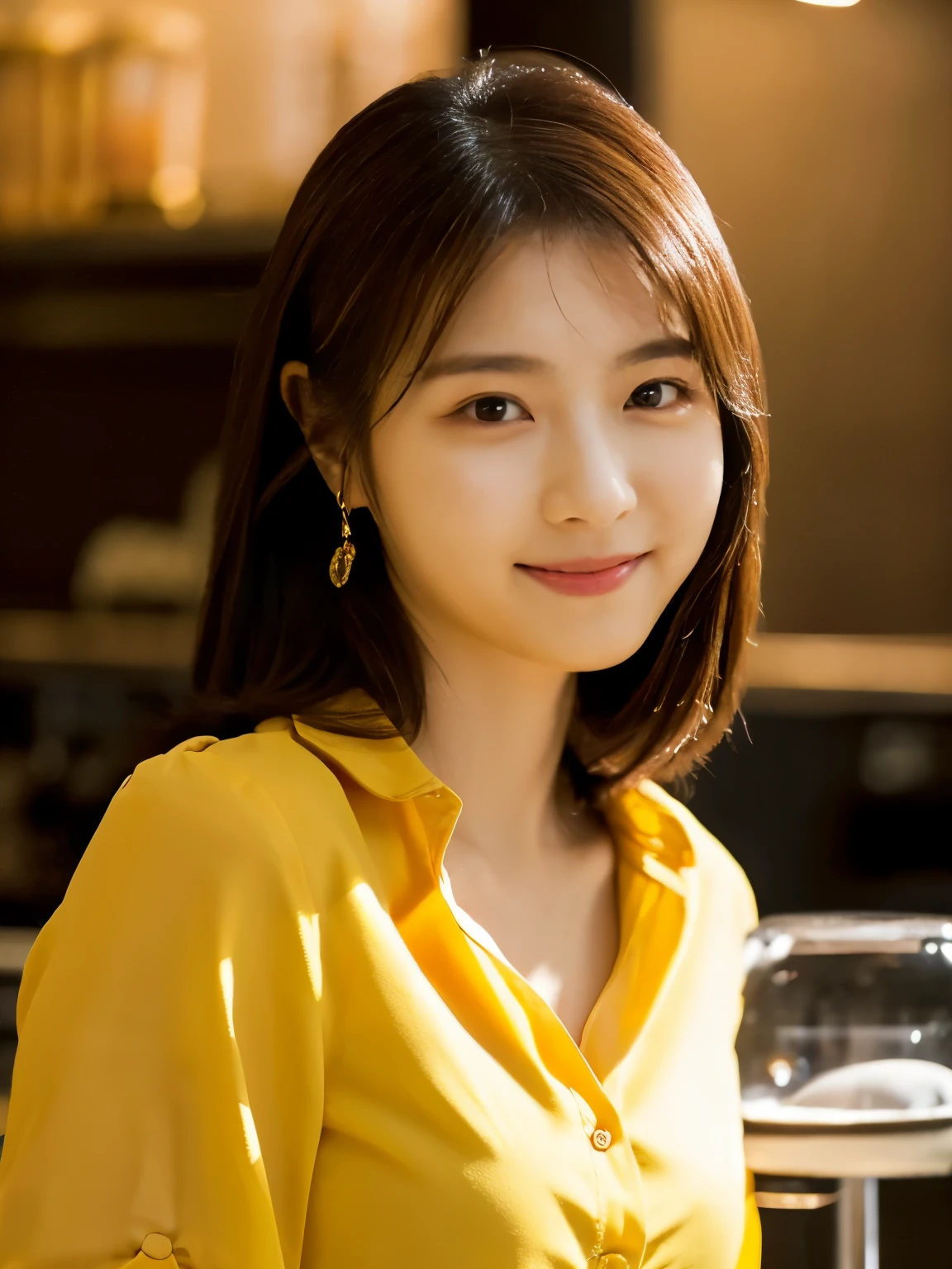 1 girl, (wearing a yellow blouse:1.2), short skirt, beautiful japanese actress, (RAW photo, highest quality), (realistic, Photoreal:1.4), masterpiece, very delicate and beautiful, very detailed, 2k wallpaper, wonderful, finely, very detailed CG Unity 8K 壁紙, Super detailed, High resolution, soft light, beautiful detailed girl, very detailed目と顔, beautifully detailed nose, beautiful and detailed eyes, cinematic lighting, break, (Against the backdrop of a Inside the coffee shop 1.3), city lights, perfect anatomy, slender body, smile, Face the front completely, (look at the camera), (waist shot), emphasize big breasts,