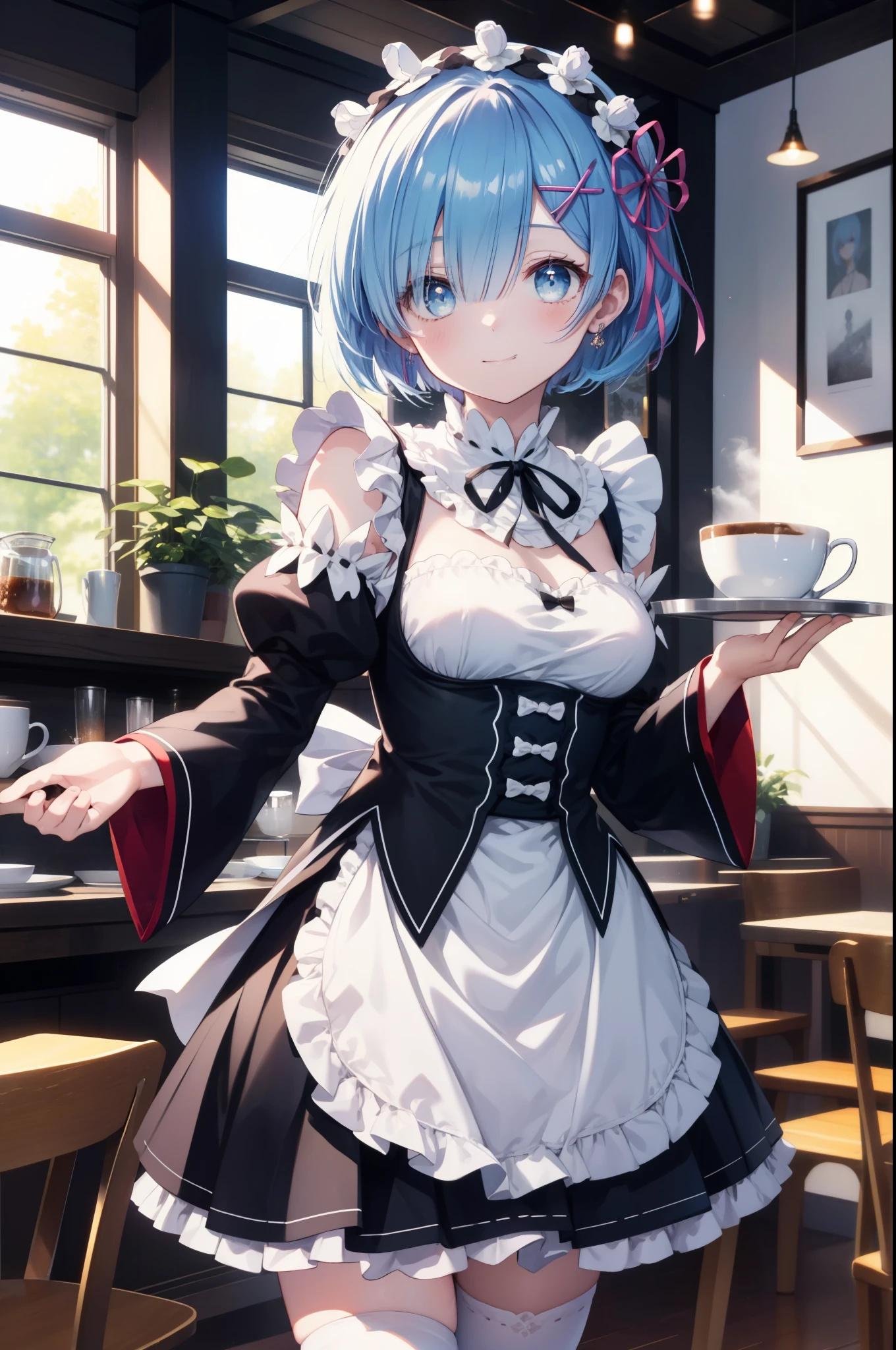 rezeroRem, Rem, blue eyes, blue hair, hair ornaments, hair above one eye, hair ribbon, short hair, x hair ornaments,
break apron, black ribbon, smile,blush,black skirt, black sleeves, removed collar, removed sleeve, flower, frillsエプロン, frilled skirt, frills, 頭のflower輪, long sleeve, maid, miniskirt, neck ribbon, purple ribbon, ribbon, ribbon trim, ribbon-trimmed sleeves, roswaal mansion maid uniform, short hair, skirt, Thighhighs, waist apron, white apron, white Thighhighs,food, drink, table and chairs, cleaning, tray, tray in one hand
break indoors, coffee shop,
break looking at viewer,
break (masterpiece:1.2), highest quality, High resolution, unity 8k wallpaper, (figure:0.8), (detailed and beautiful eyes:1.6), extRemely detailed face, perfect lighting, extRemely detailed CG, (perfect hands, perfect anatomy),