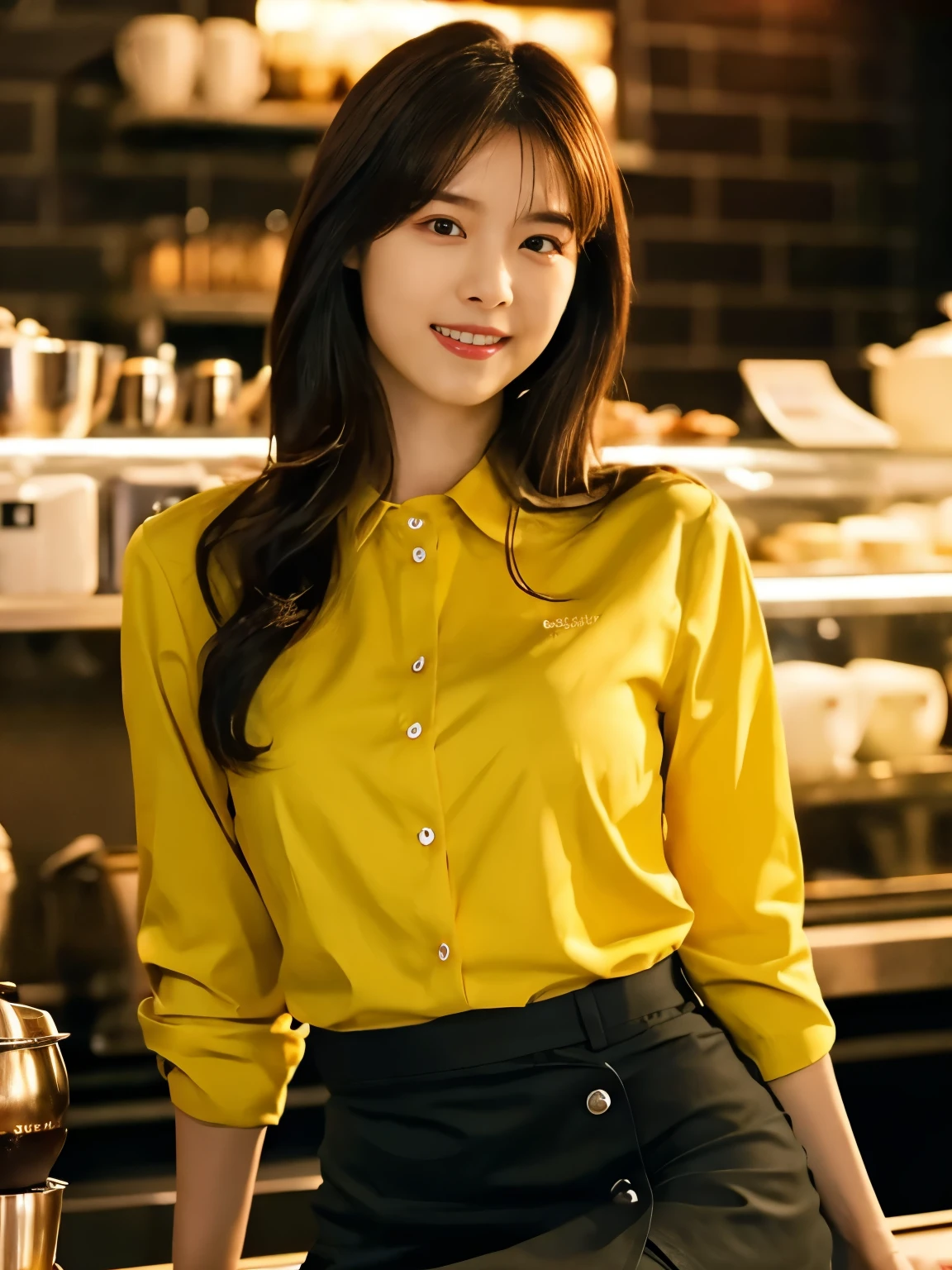 1 girl, (wearing a yellow blouse:1.2), short skirt, beautiful japanese actress, (RAW photo, highest quality), (realistic, Photoreal:1.4), masterpiece, very delicate and beautiful, very detailed, 2k wallpaper, wonderful, finely, very detailed CG Unity 8K 壁紙, Super detailed, High resolution, soft light, beautiful detailed girl, very detailed目と顔, beautifully detailed nose, beautiful and detailed eyes, cinematic lighting, break, (Against the backdrop of a Inside the coffee shop 1.3), city lights, perfect anatomy, slender body, smile, Face the front completely, (look at the camera), (waist shot), emphasize big breasts,
