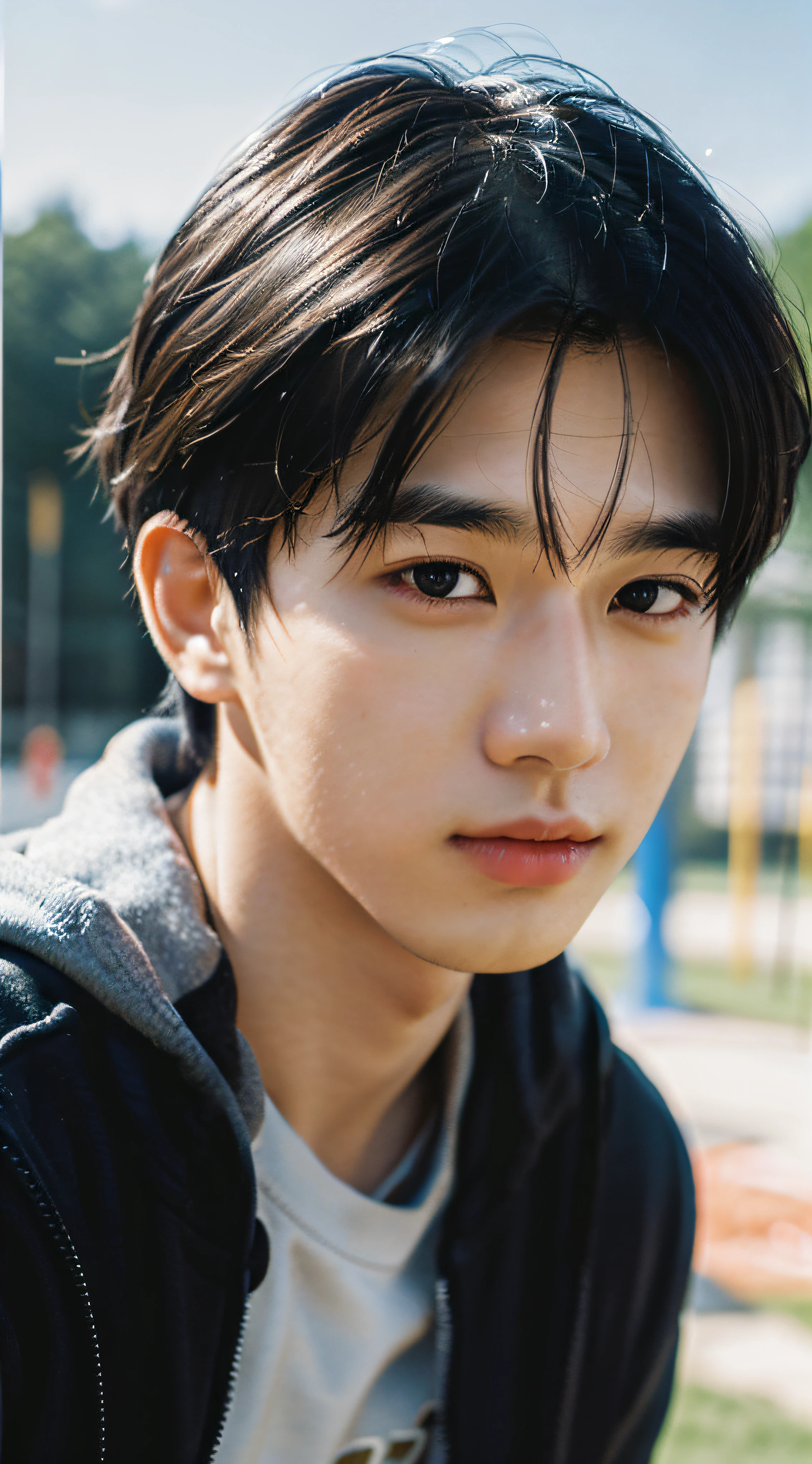Best quality, masterpiece, super high resolution, (realistic: 1.4), original photo, wallpaper, head photo, skin, simple background, black eyes, detail, selfie, 1 boy, 18 years old, handsome, breeze, sunshine, playground