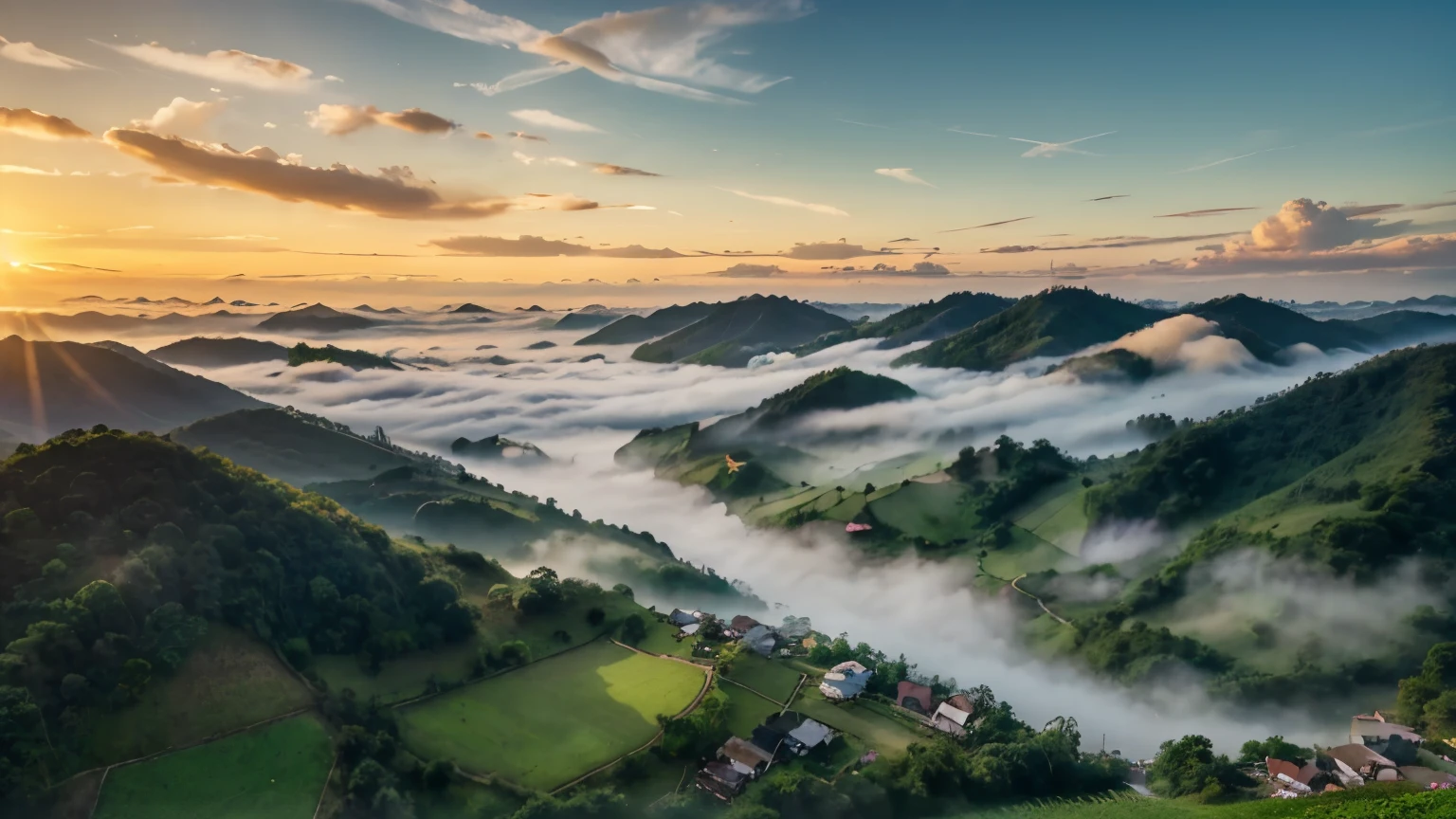 An anime-style panoramic drone shot captures the serene beauty of Chiang Rai's lush green mountains, enveloped in a gentle sea of mist at dawn.
Strawberry fields add vibrant patches of red to the landscape, contrasting with the verdant hues.
Above, the sky is a clear, brilliant blue, with the rising sun casting a soft, golden light that illuminates the scene with a dreamy glow.