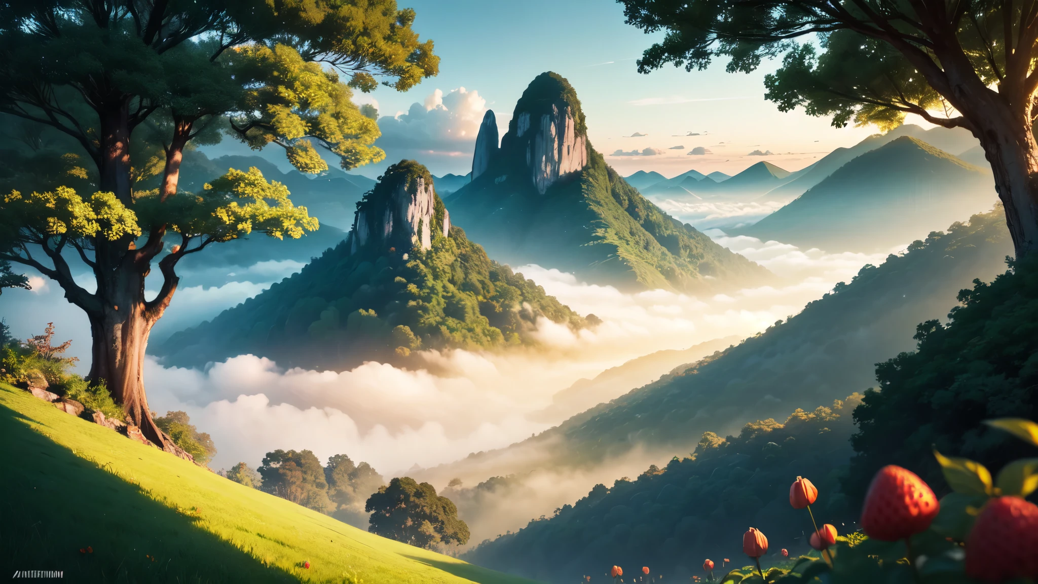 An anime-style panoramic drone shot captures the serene beauty of Chiang Rai's lush green mountains, enveloped in a gentle sea of mist at dawn.
Strawberry fields add vibrant patches of red to the landscape, contrasting with the verdant hues.
Above, the sky is a clear, brilliant blue, with the rising sun casting a soft, golden light that illuminates the scene with a dreamy glow.