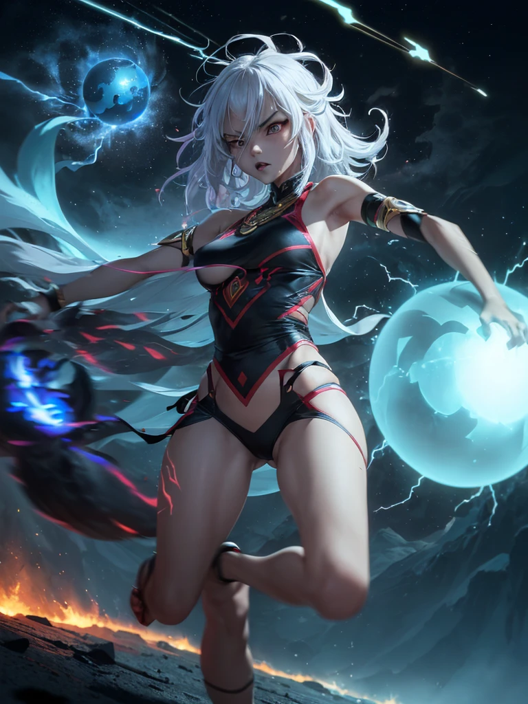 An (extremely fierce Gurung woman (age 35), slim and toned figure, ankle length platinum hair, tiny loose fighting clothes, explosive fury) is channeling her Ki energy (resembling lightning), into a ('DragonBall' a large pulsing sphere of rainbow power being circled by the ghost of a dragon), best quality, extremely high detail, chunks of earth hang in the air caught in the massive upwelling of power, shockwaves, dramatic views