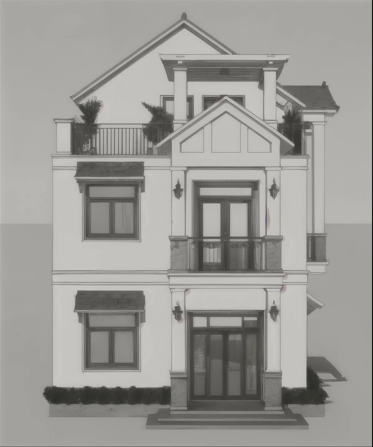 a rendering of a two story house with a balcony and balconies, front elevation view, exterior design, frontview, neotraditional modern, front view dramatic, front elevation, residential design, elevation view, front-view, overall architectural design, front perspective, neo - classical style, detailed rendering, 3 d rendering, 3d rendering, architectural rendering