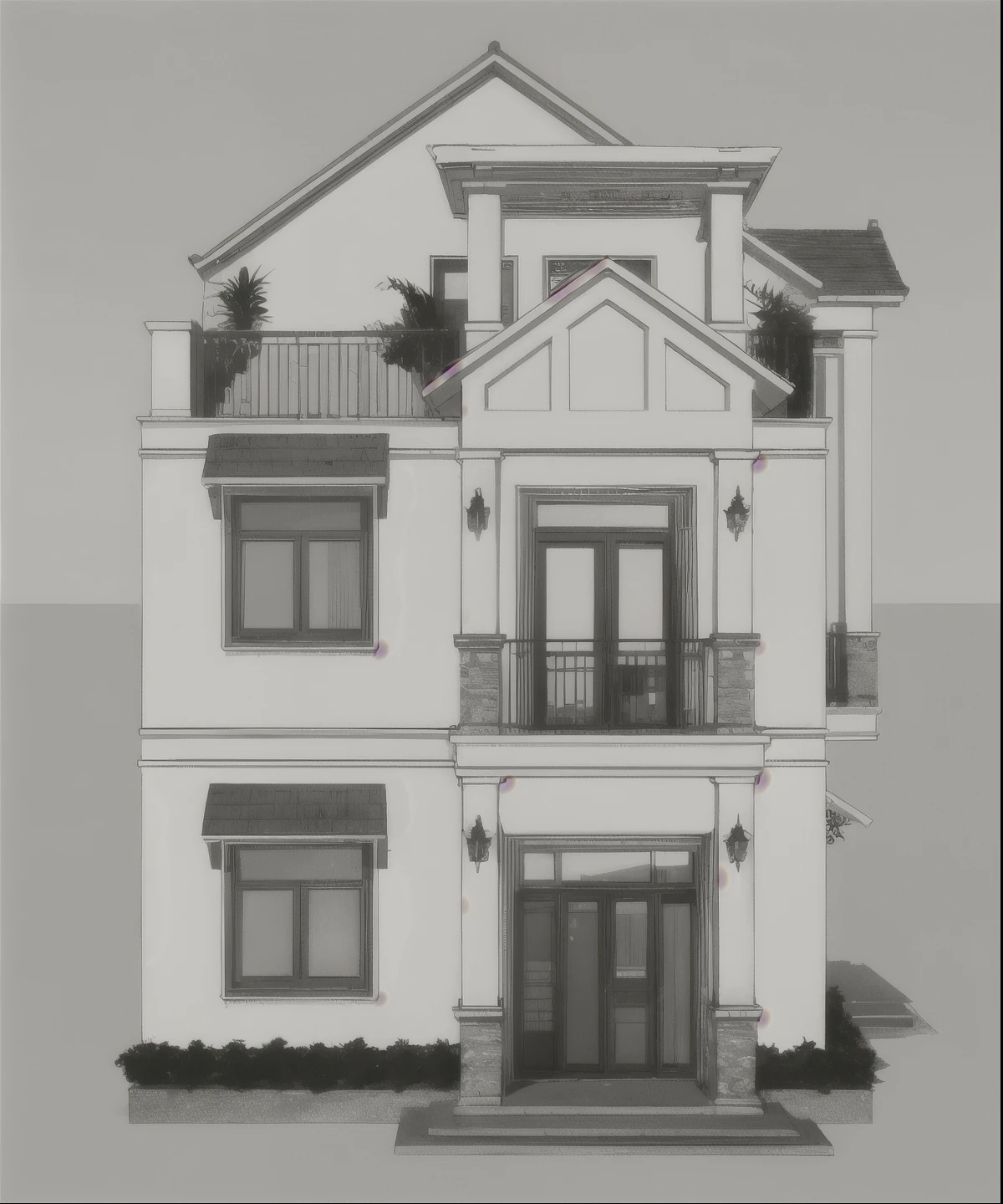 a rendering of a two story house with a balcony and balconies, front elevation view, exterior design, frontview, neotraditional modern, front view dramatic, front elevation, residential design, elevation view, front-view, overall architectural design, front perspective, neo - classical style, detailed rendering, 3 d rendering, 3d rendering, architectural rendering