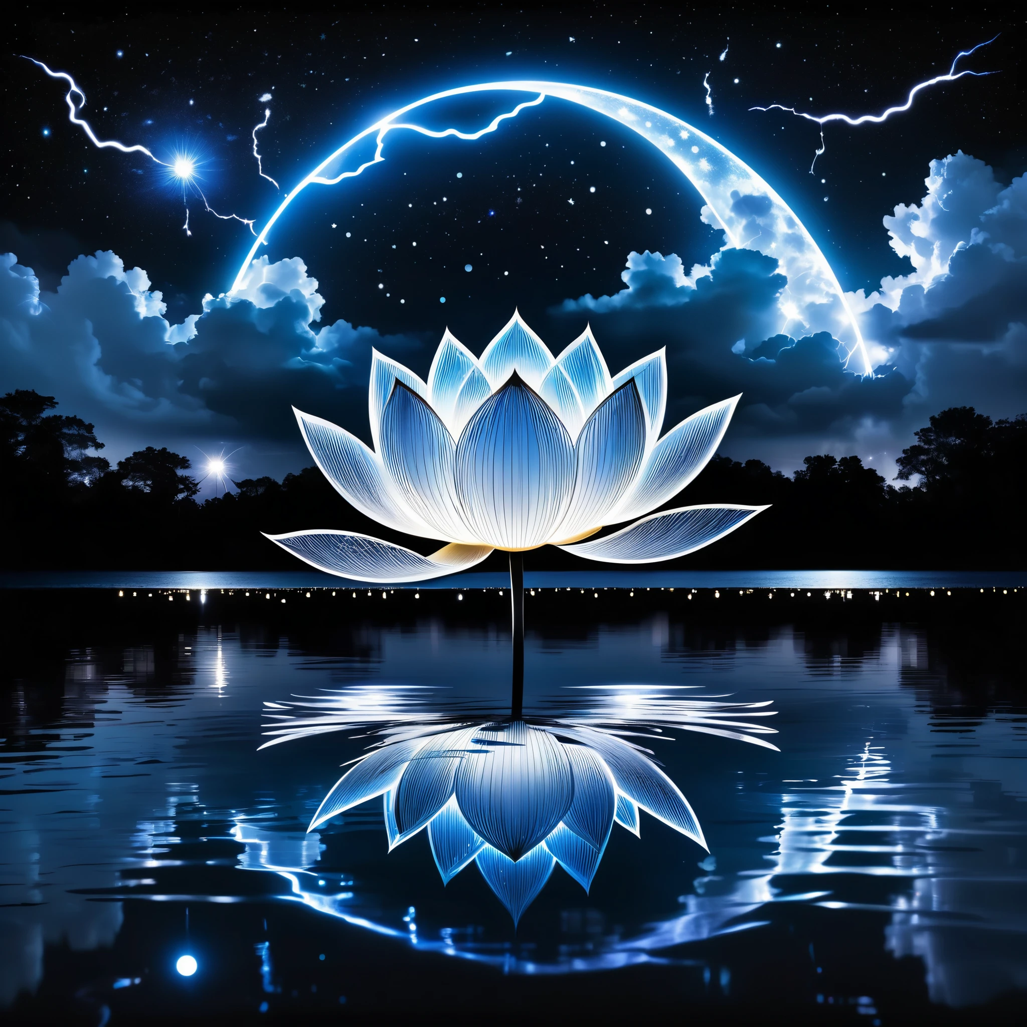 Blue electrons form a lotus silhouette, with lightning effects shining on a black background. The calm water surface, blurry reflections, night, starry sky, moon, clouds,in style of Bruce Munro, detailed