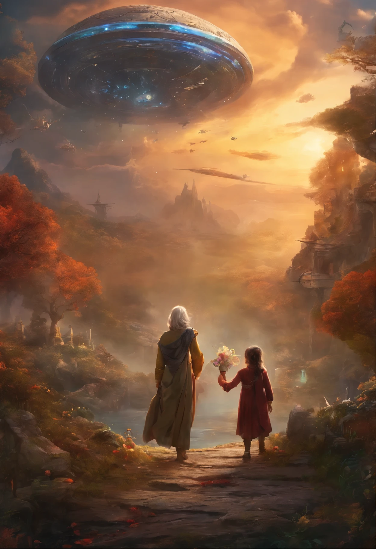 old woman take her  daughter for hand, on background aliens' starship levitating mid-air, it's their  invasion,pretty face,intricate details,realistic humid skin,extremely intricate details,anatomically correct,
eyes extremely detailed, high detailed eyes,High contrast,Ultra HD,Retina,HDR,photo,photorealism,Masterpiece,
natural skin textures, hyper realism,hyper detailed,High contrast,Realism,Ultra Detailed,irina yermolova,
close full body shot,32K resolution,Nikon Z9