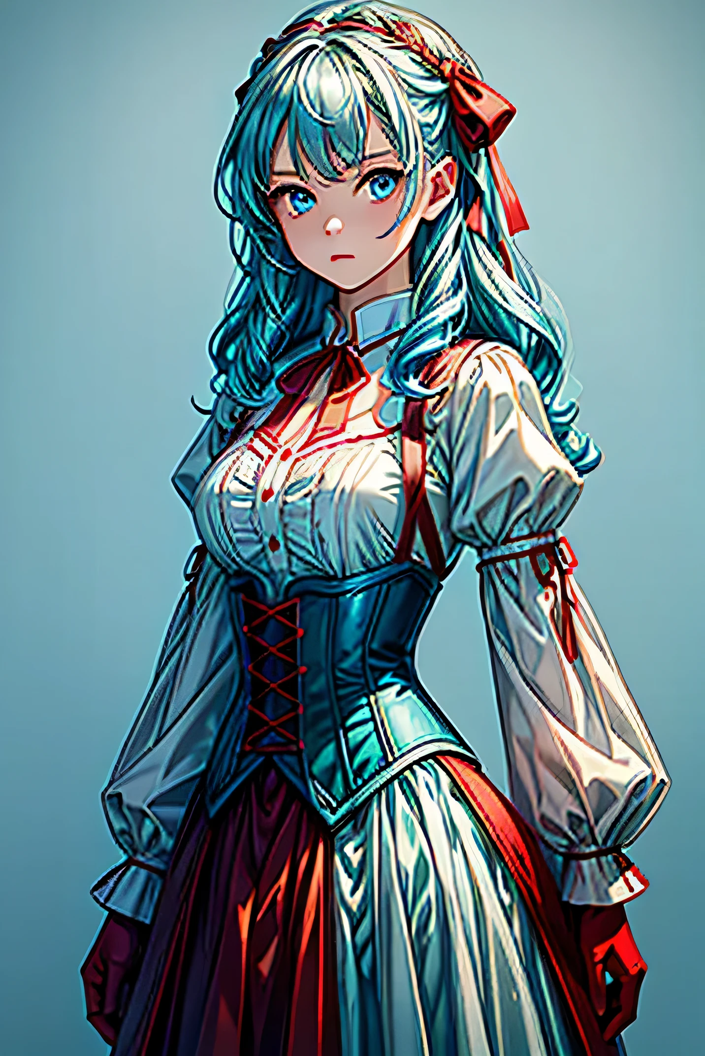 masterpiece, best quality,16 year old girl, light blue hair, wavy hair, upper body, small breasts, blue eyes, red gloves, simple background, white background, red shirt, red long skirt, long sleeves, green neck ribbon, corset, blue capelet, patterned clothing, masterpiece, best quality, 1girl,