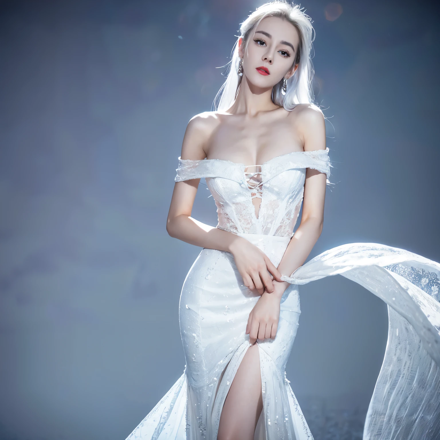 ((top quality、8k、Masterpiece:1.3))、Extremely delicate and beautiful girl,full-body shot,huge breasts,bigger breasts,amazing breast size,G cup。Wear big earrings,Very white skin,moist red lips,Waist is very thin,Thighs are very thin,big butt,Reveal a little,fair and smooth skin,Smooth and fair skin,flawless skin,Fair and shiny skin,cold white skin,The camera focuses on the chest,Bright light,White tube top dress,bare shoulders,white hair,hair is white,heavy snow,snow mountain,sunset